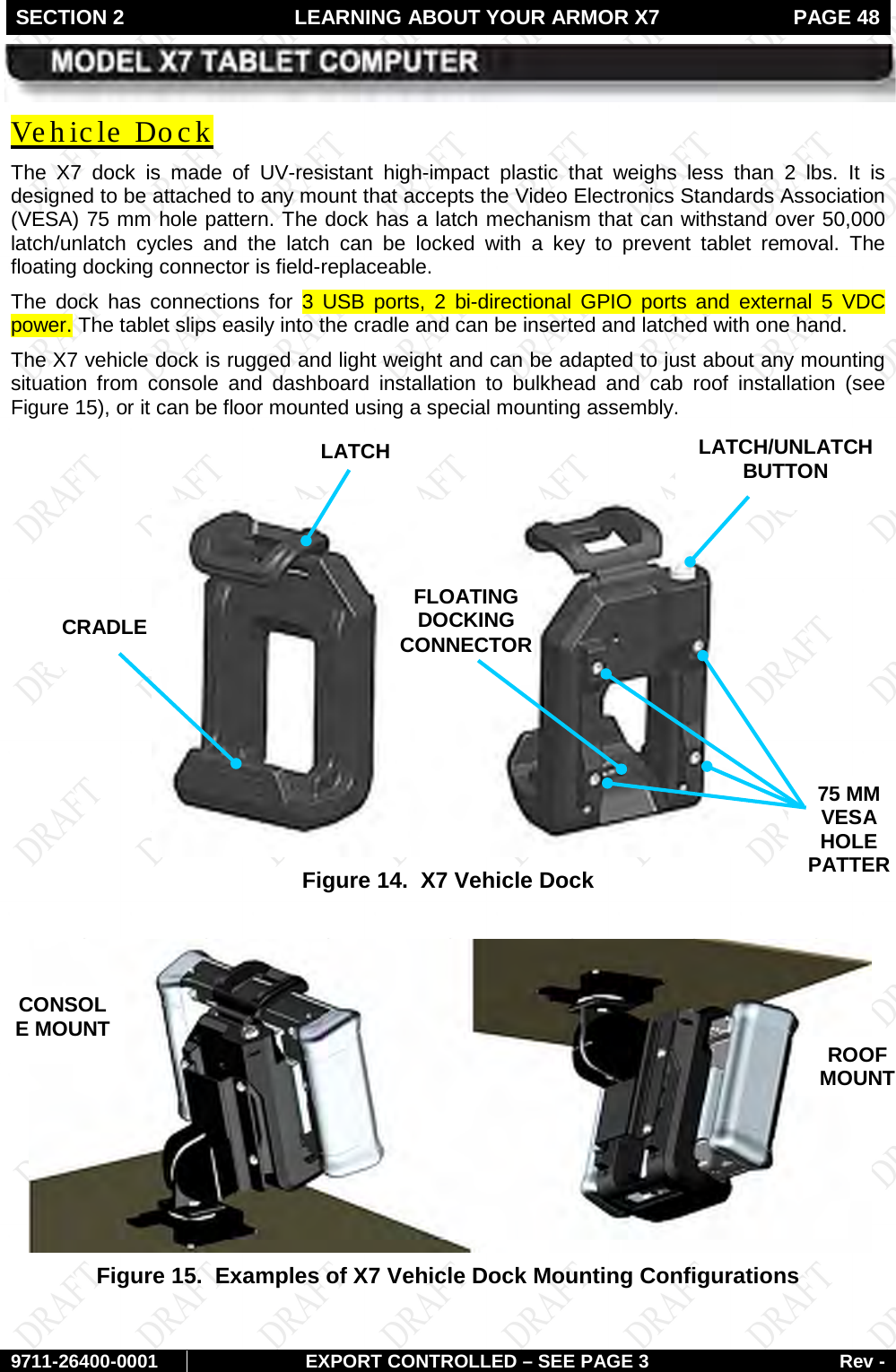 SECTION 2 LEARNING ABOUT YOUR ARMOR X7  PAGE 48        9711-26400-0001 EXPORT CONTROLLED – SEE PAGE 3 Rev - The X7 dock is made of UV-resistant high-impact plastic that weighs less than 2 lbs. It is designed to be attached to any mount that accepts the Video Electronics Standards Association (VESA) 75 mm hole pattern. The dock has a latch mechanism that can withstand over 50,000 latch/unlatch cycles and the latch can be locked with a key to prevent tablet removal. The floating docking connector is field-replaceable. Vehicle Dock The dock has connections for 3 USB ports, 2 bi-directional GPIO ports and external 5 VDC power. The tablet slips easily into the cradle and can be inserted and latched with one hand. The X7 vehicle dock is rugged and light weight and can be adapted to just about any mounting situation from console and dashboard installation to bulkhead and cab roof installation (see Figure 15), or it can be floor mounted using a special mounting assembly.    Figure 14.  X7 Vehicle Dock   Figure 15.  Examples of X7 Vehicle Dock Mounting Configurations   LATCH LATCH/UNLATCH  BUTTON 75 MM VESA HOLE PATTER CRADLE FLOATING  DOCKING CONNECTOR CONSOLE MOUNT ROOF MOUNT FINGERPRINT SENSOR (FPS) 