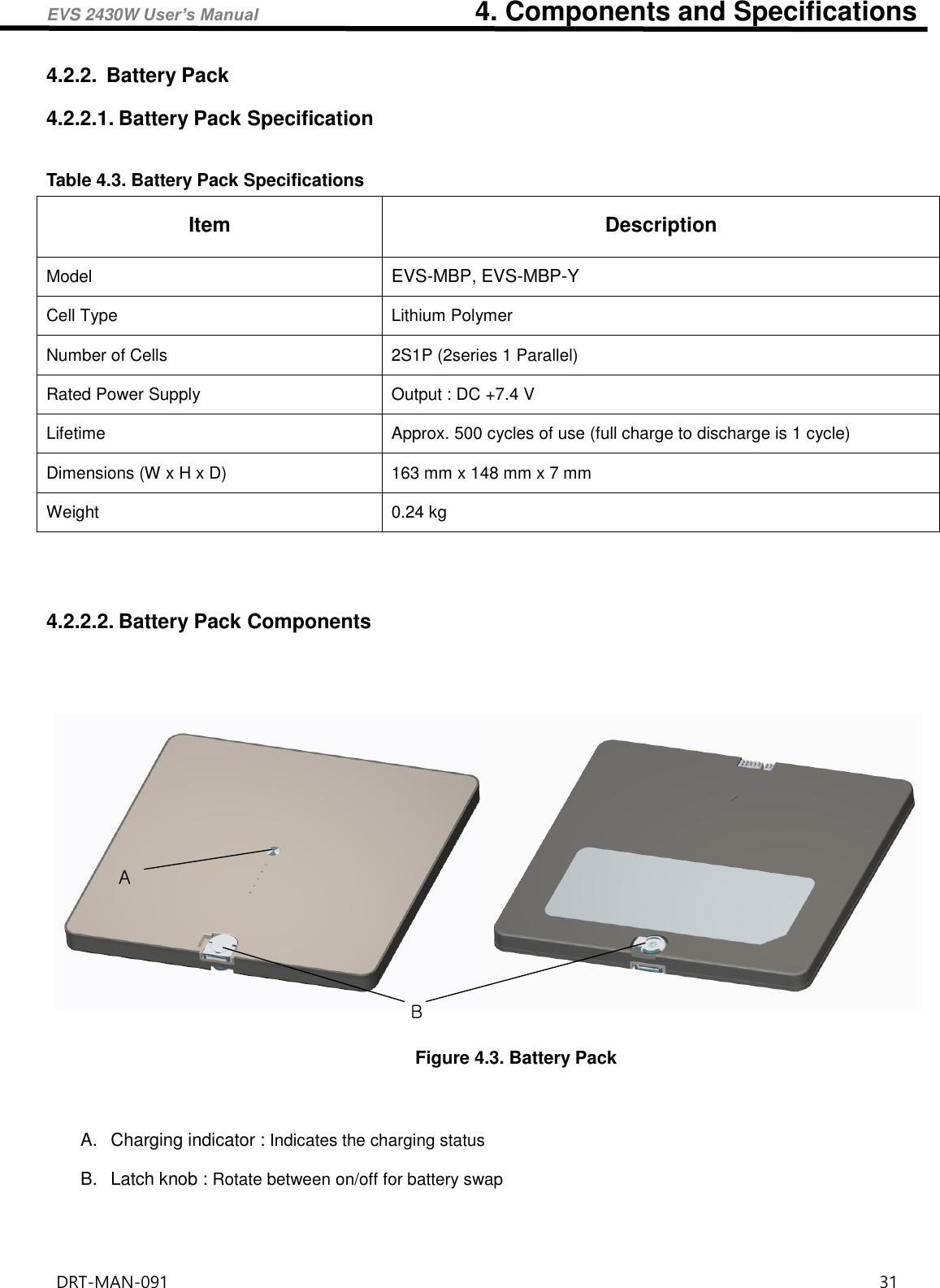 EVS 2430W User’s Manual                                4. Components and Specifications DRT-MAN-091                                                                                    31   4.2.2.  Battery Pack 4.2.2.1. Battery Pack Specification  Table 4.3. Battery Pack Specifications Item Description Model EVS-MBP, EVS-MBP-Y Cell Type   Lithium Polymer     Number of Cells 2S1P (2series 1 Parallel) Rated Power Supply Output : DC +7.4 V   Lifetime Approx. 500 cycles of use (full charge to discharge is 1 cycle)   Dimensions (W x H x D) 163 mm x 148 mm x 7 mm Weight 0.24 kg     4.2.2.2. Battery Pack Components    AB Figure 4.3. Battery Pack    A.  Charging indicator : Indicates the charging status  B.  Latch knob : Rotate between on/off for battery swap    