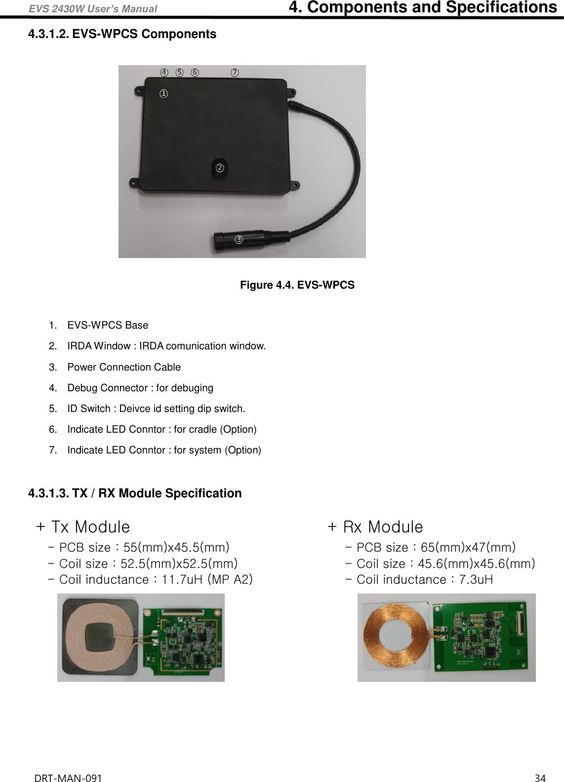 EVS 2430W User’s Manual                                4. Components and Specifications DRT-MAN-091                                                                                    34  4.3.1.2. EVS-WPCS Components   Figure 4.4. EVS-WPCS  1.  EVS-WPCS Base   2.  IRDA Window : IRDA comunication window. 3.  Power Connection Cable 4.  Debug Connector : for debuging 5.  ID Switch : Deivce id setting dip switch. 6.  Indicate LED Conntor : for cradle (Option) 7.  Indicate LED Conntor : for system (Option)  4.3.1.3. TX / RX Module Specification      + Tx Module - PCB size : 55(mm)x45.5(mm) - Coil size : 52.5(mm)x52.5(mm) - Coil inductance : 11.7uH (MP A2) + Rx Module - PCB size : 65(mm)x47(mm) - Coil size : 45.6(mm)x45.6(mm) - Coil inductance : 7.3uH 
