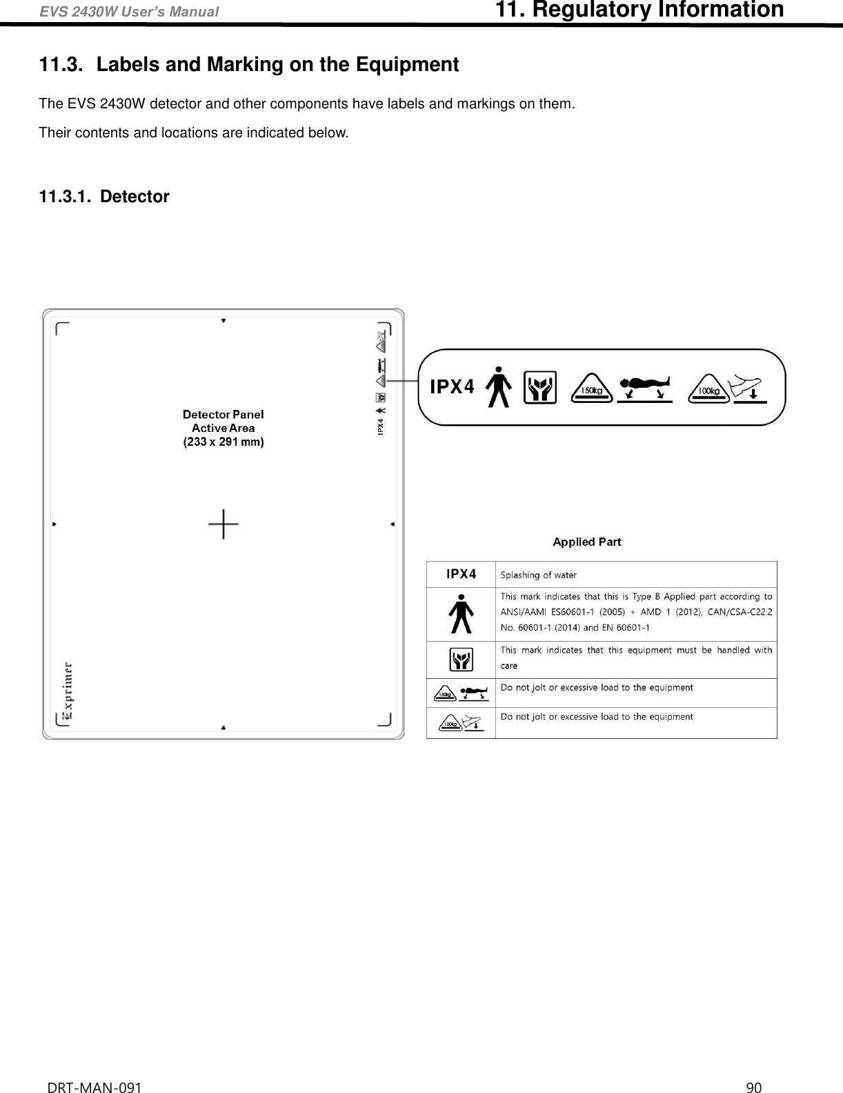 EVS 2430W User’s Manual                                                11. Regulatory Information DRT-MAN-091                                                                                    90   11.3.  Labels and Marking on the Equipment The EVS 2430W detector and other components have labels and markings on them. Their contents and locations are indicated below.     11.3.1.  Detector          
