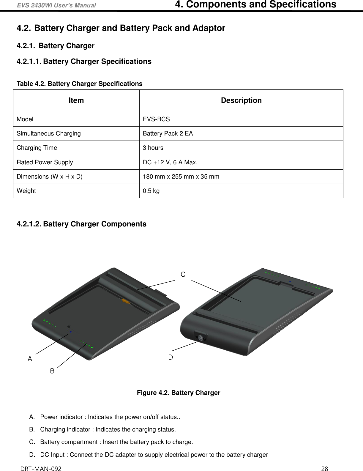 EVS 2430Wi User’s Manual                                4. Components and Specifications DRT-MAN-092                                                                                    28   4.2. Battery Charger and Battery Pack and Adaptor 4.2.1.  Battery Charger 4.2.1.1. Battery Charger Specifications  Table 4.2. Battery Charger Specifications Item Description Model EVS-BCS Simultaneous Charging   Battery Pack 2 EA   Charging Time   3 hours   Rated Power Supply DC +12 V, 6 A Max.   Dimensions (W x H x D) 180 mm x 255 mm x 35 mm Weight 0.5 kg    4.2.1.2. Battery Charger Components     ABDC Figure 4.2. Battery Charger  A.  Power indicator : Indicates the power on/off status.. B.  Charging indicator : Indicates the charging status.   C.  Battery compartment : Insert the battery pack to charge.   D.  DC Input : Connect the DC adapter to supply electrical power to the battery charger   