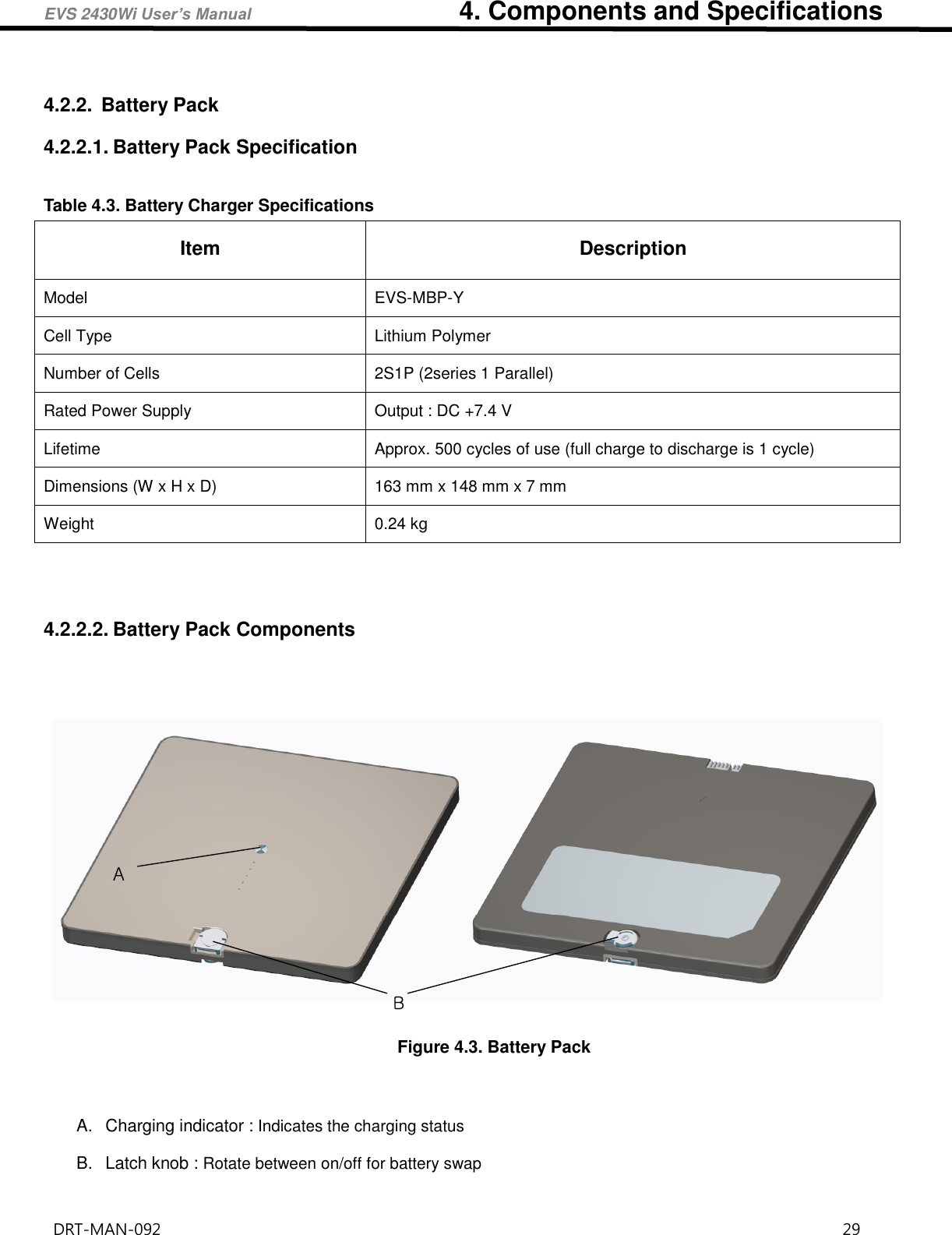 EVS 2430Wi User’s Manual                                4. Components and Specifications DRT-MAN-092                                                                                    29    4.2.2.  Battery Pack 4.2.2.1. Battery Pack Specification  Table 4.3. Battery Charger Specifications Item Description Model EVS-MBP-Y Cell Type   Lithium Polymer     Number of Cells 2S1P (2series 1 Parallel) Rated Power Supply Output : DC +7.4 V   Lifetime Approx. 500 cycles of use (full charge to discharge is 1 cycle)   Dimensions (W x H x D) 163 mm x 148 mm x 7 mm Weight 0.24 kg     4.2.2.2. Battery Pack Components    AB Figure 4.3. Battery Pack    A.  Charging indicator : Indicates the charging status  B.  Latch knob : Rotate between on/off for battery swap   