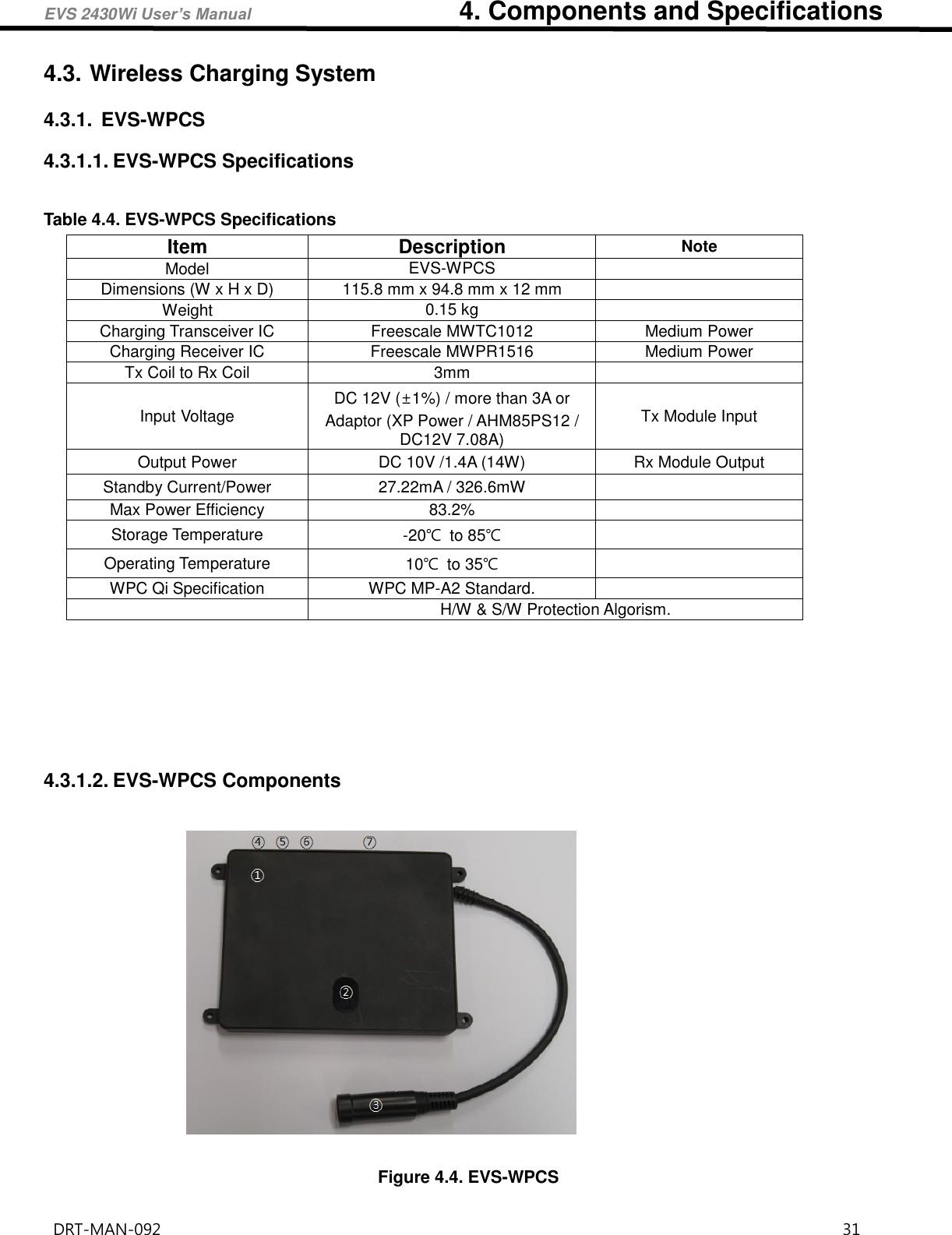 EVS 2430Wi User’s Manual                                4. Components and Specifications DRT-MAN-092                                                                                    31   4.3. Wireless Charging System 4.3.1.  EVS-WPCS 4.3.1.1. EVS-WPCS Specifications  Table 4.4. EVS-WPCS Specifications Item Description Note Model EVS-WPCS  Dimensions (W x H x D) 115.8 mm x 94.8 mm x 12 mm  Weight 0.15 kg  Charging Transceiver IC Freescale MWTC1012 Medium Power Charging Receiver IC Freescale MWPR1516 Medium Power Tx Coil to Rx Coil 3mm  Input Voltage DC 12V (±1%) / more than 3A or Adaptor (XP Power / AHM85PS12 / DC12V 7.08A) Tx Module Input Output Power DC 10V /1.4A (14W) Rx Module Output Standby Current/Power 27.22mA / 326.6mW  Max Power Efficiency 83.2%  Storage Temperature -20℃ to 85℃  Operating Temperature 10℃ to 35℃  WPC Qi Specification WPC MP-A2 Standard.   H/W &amp; S/W Protection Algorism.         4.3.1.2. EVS-WPCS Components   Figure 4.4. EVS-WPCS 