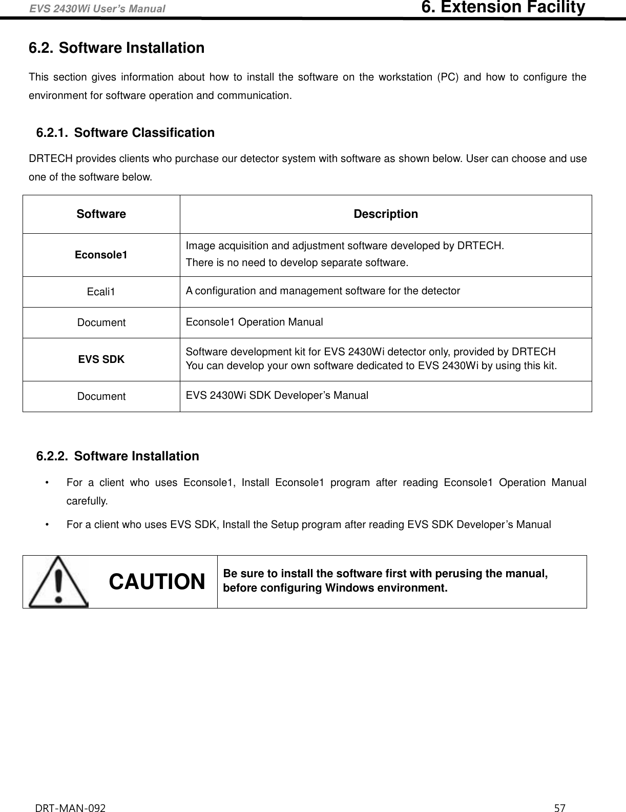EVS 2430Wi User’s Manual                                                            6. Extension Facility DRT-MAN-092                                                                                    57   6.2. Software Installation This  section  gives  information about  how  to  install the software  on  the  workstation  (PC)  and how to configure  the environment for software operation and communication.  6.2.1.  Software Classification DRTECH provides clients who purchase our detector system with software as shown below. User can choose and use one of the software below. Software Description Econsole1 Image acquisition and adjustment software developed by DRTECH. There is no need to develop separate software. Ecali1 A configuration and management software for the detector Document Econsole1 Operation Manual EVS SDK Software development kit for EVS 2430Wi detector only, provided by DRTECH You can develop your own software dedicated to EVS 2430Wi by using this kit. Document EVS 2430Wi SDK Developer’s Manual    6.2.2.  Software Installation •  For  a  client  who  uses  Econsole1,  Install  Econsole1  program  after  reading  Econsole1  Operation  Manual carefully.     •  For a client who uses EVS SDK, Install the Setup program after reading EVS SDK Developer’s Manual     CAUTION Be sure to install the software first with perusing the manual, before configuring Windows environment.     