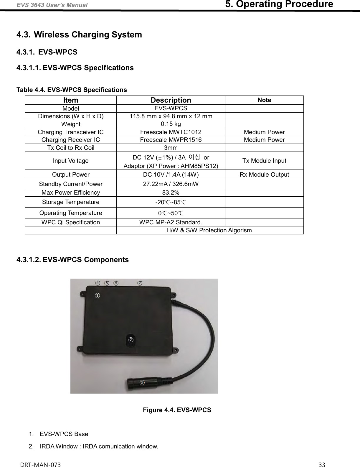 EVS 3643 User’s Manual                                                        5. Operating Procedure DRT-MAN-073                                                                                                                                                                33    4.3. Wireless Charging System 4.3.1.  EVS-WPCS 4.3.1.1. EVS-WPCS Specifications  Table 4.4. EVS-WPCS Specifications Item Description Note Model EVS-WPCS  Dimensions (W x H x D) 115.8 mm x 94.8 mm x 12 mm  Weight 0.15 kg  Charging Transceiver IC Freescale MWTC1012 Medium Power Charging Receiver IC Freescale MWPR1516 Medium Power Tx Coil to Rx Coil 3mm  Input Voltage DC 12V (±1%) / 3A  이상 or Adaptor (XP Power : AHM85PS12) Tx Module Input Output Power DC 10V /1.4A (14W) Rx Module Output Standby Current/Power 27.22mA / 326.6mW  Max Power Efficiency 83.2%  Storage Temperature -20℃~85℃  Operating Temperature 0℃~50℃  WPC Qi Specification WPC MP-A2 Standard.   H/W &amp; S/W Protection Algorism.    4.3.1.2. EVS-WPCS Components   Figure 4.4. EVS-WPCS  1.  EVS-WPCS Base   2.  IRDA Window : IRDA comunication window. 