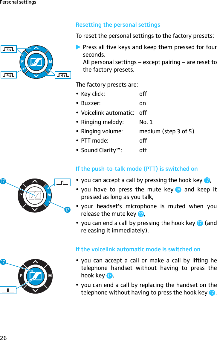Personal settings26Resetting the personal settingsTo reset the personal settings to the factory presets:̈Press all five keys and keep them pressed for fourseconds.All personal settings – except pairing – are reset tothe factory presets. The factory presets are:yKey click: offyBuzzer: onyVoicelink automatic: offyRinging melody: No. 1yRinging volume: medium (step 3 of 5)yPTT mode: offySound Clarity™: offIf the push-to-talk mode (PTT) is switched onyyou can accept a call by pressing the hook key Ƽ,yyou have to press the mute key ƾ and keep itpressed as long as you talk,yyour headset’s microphone is muted when yourelease the mute key ƾ,yyou can end a call by pressing the hook key Ƽ (andreleasing it immediately).If the voicelink automatic mode is switched onyyou can accept a call or make a call by lifting hetelephone handset without having to press thehook key Ƽ,yyou can end a call by replacing the handset on thetelephone without having to press the hook key Ƽ.ƼƼƼ