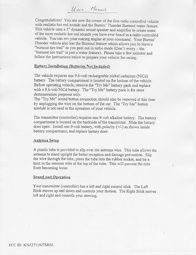 REMOTE CONTROL BURNIN' THUNDER 27119 User Manual