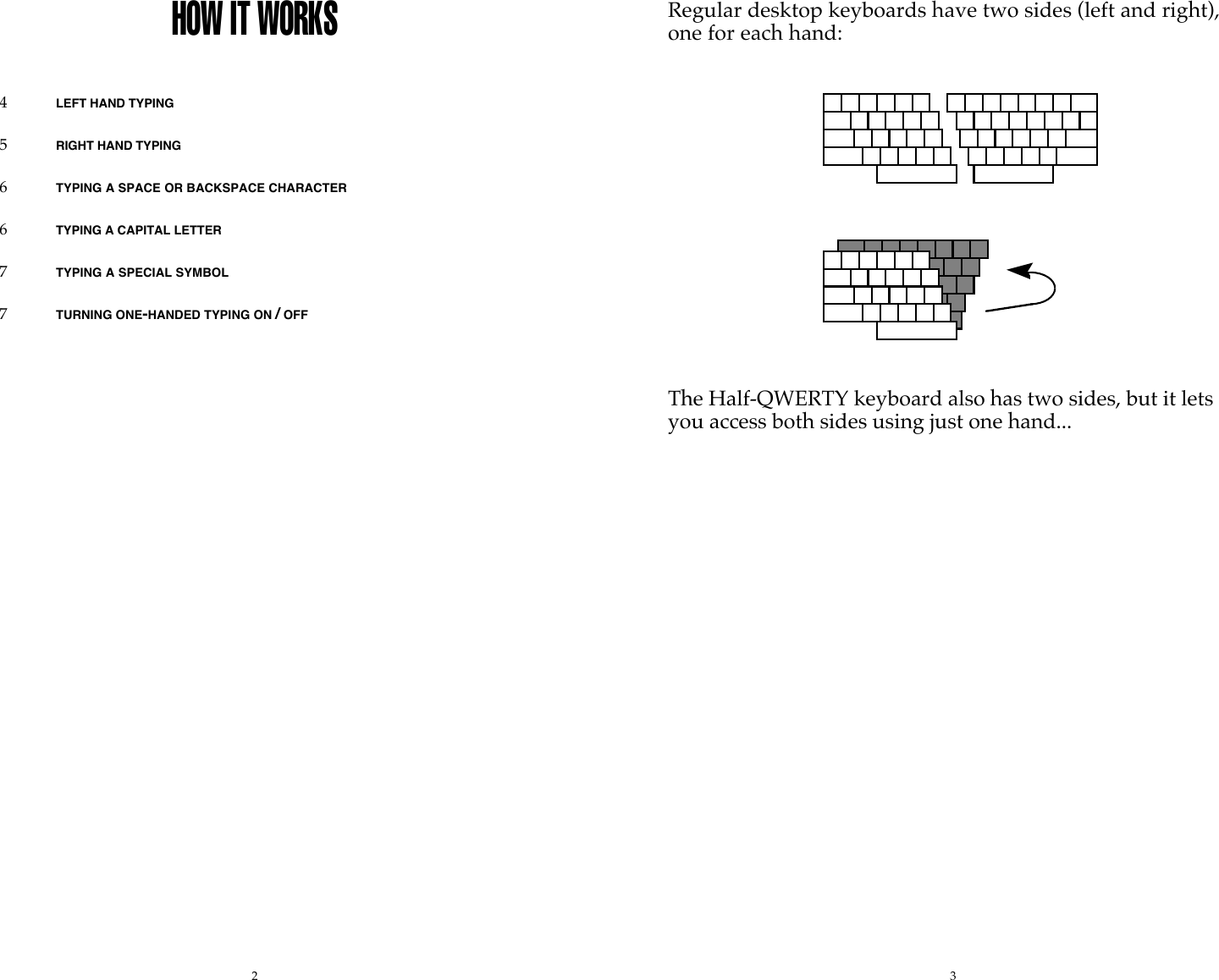 2 3HOW IT WORKS4LEFT HAND TYPING5RIGHT HAND TYPING6TYPING A SPACE OR BACKSPACE CHARACTER6TYPING A CAPITAL LETTER7TYPING A SPECIAL SYMBOL7TURNING ONE-HANDED TYPING ON / OFFRegular desktop keyboards have two sides (left and right),one for each hand:The Half-QWERTY keyboard also has two sides, but it letsyou access both sides using just one hand...