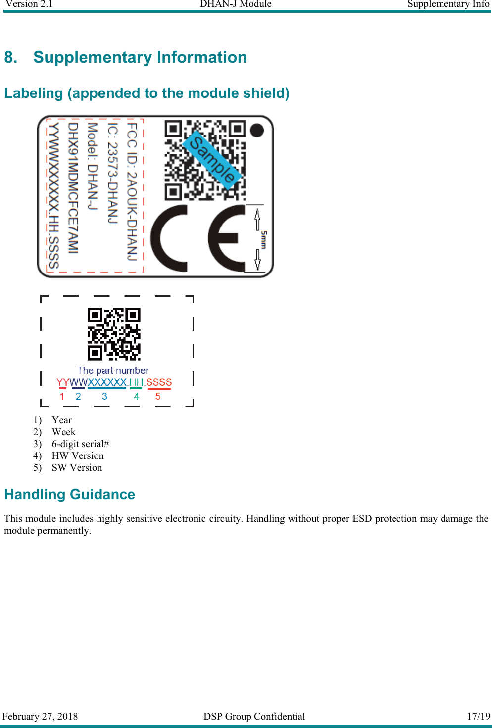 Version 2.1  DHAN-J Module  Supplementary Info  February 27, 2018  DSP Group Confidential  17/19  8. Supplementary Information  Labeling (appended to the module shield)     1) Year 2) Week 3) 6-digit serial# 4) HW Version 5) SW Version Handling Guidance This module includes highly sensitive electronic circuity. Handling without proper ESD protection may damage the module permanently.       