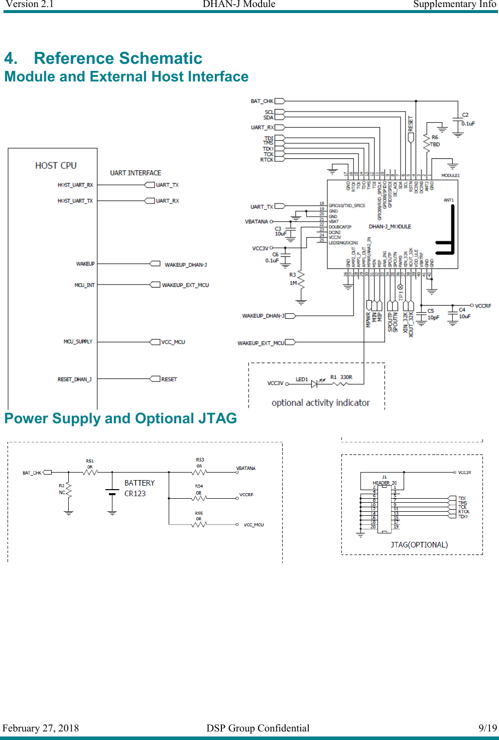 Version 2.1  DHAN-J Module  Supplementary Info  February 27, 2018  DSP Group Confidential  9/19  4. Reference Schematic Module and External Host Interface  Power Supply and Optional JTAG     