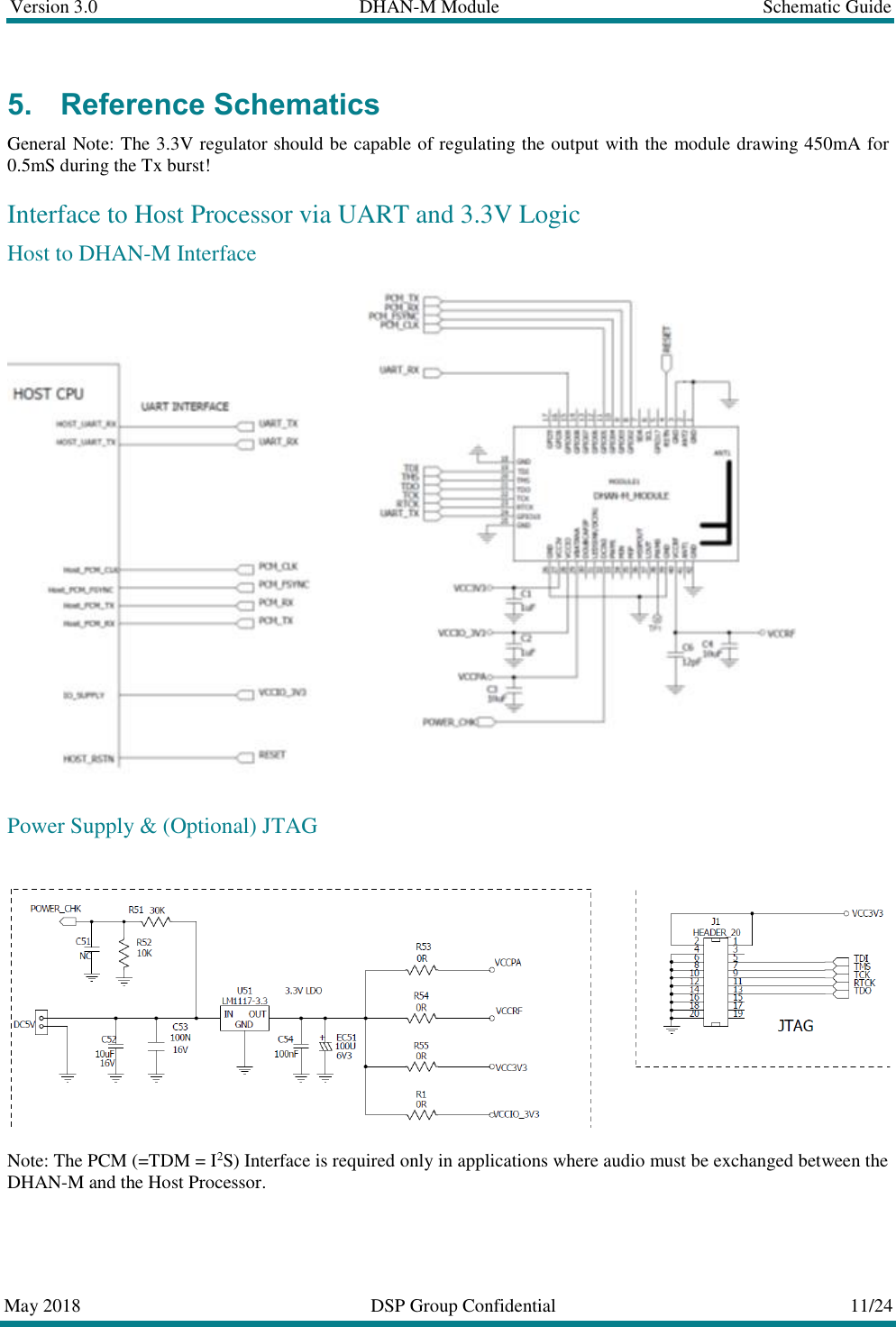 Version 3.0  DHAN-M Module  Schematic Guide  May 2018  DSP Group Confidential  11/24  5. Reference Schematics General Note: The 3.3V regulator should be capable of regulating the output with the module drawing 450mA for 0.5mS during the Tx burst! Interface to Host Processor via UART and 3.3V Logic Host to DHAN-M Interface  Power Supply &amp; (Optional) JTAG   Note: The PCM (=TDM = I2S) Interface is required only in applications where audio must be exchanged between the DHAN-M and the Host Processor.   