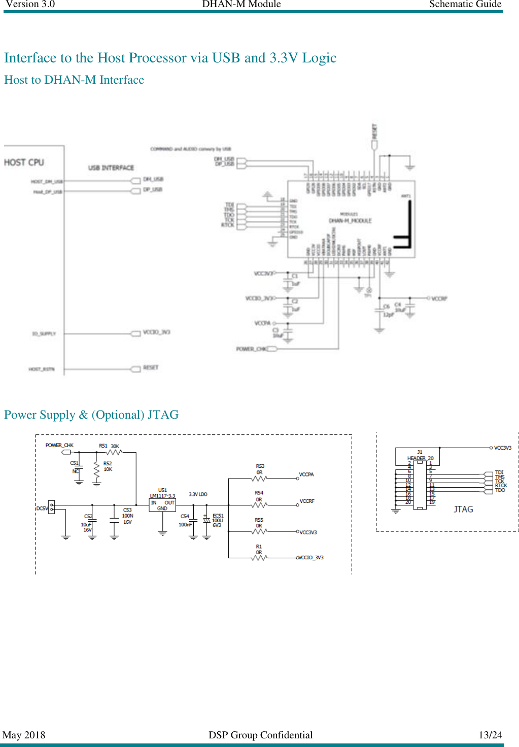 Version 3.0  DHAN-M Module  Schematic Guide  May 2018  DSP Group Confidential  13/24  Interface to the Host Processor via USB and 3.3V Logic Host to DHAN-M Interface  Power Supply &amp; (Optional) JTAG    