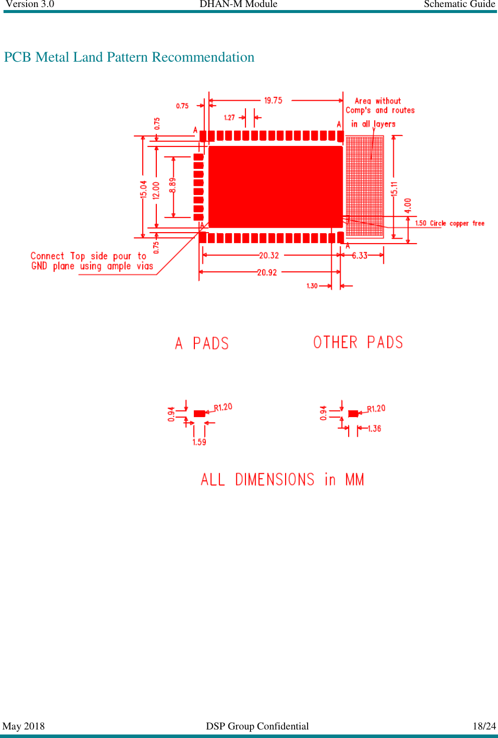 Version 3.0  DHAN-M Module  Schematic Guide  May 2018  DSP Group Confidential  18/24  PCB Metal Land Pattern Recommendation    