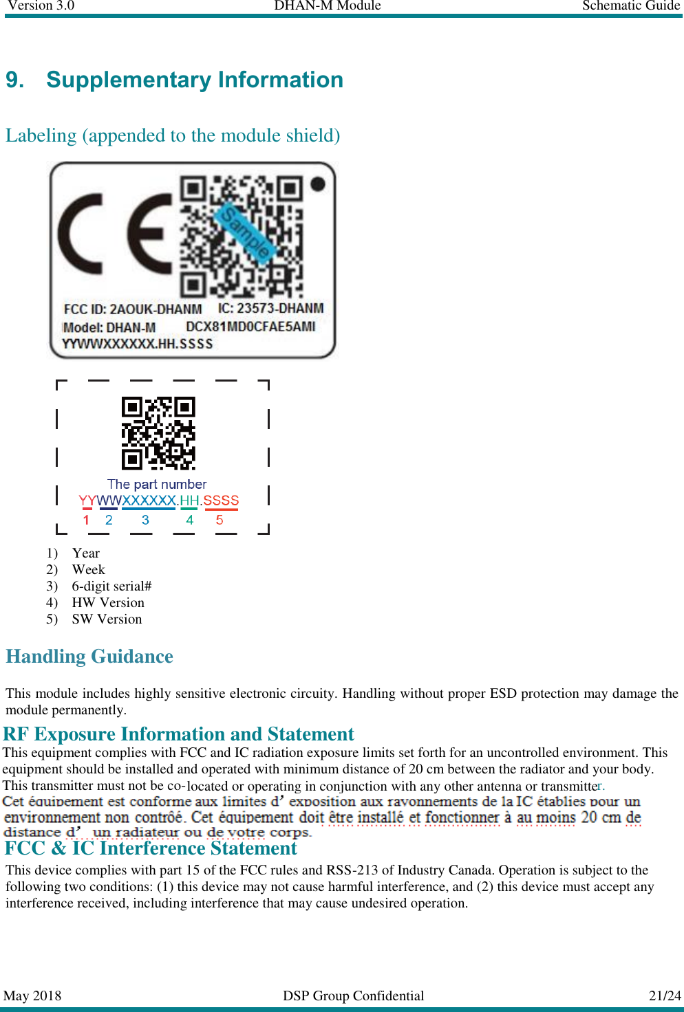 Version 3.0  DHAN-M Module  Schematic Guide  May 2018  DSP Group Confidential  21/24  9. Supplementary Information  Labeling (appended to the module shield)     1) Year 2) Week 3) 6-digit serial# 4) HW Version 5) SW Version Handling Guidance  This module includes highly sensitive electronic circuity. Handling without proper ESD protection may damage the module permanently. RF Exposure Information and Statement This equipment complies with FCC and IC radiation exposure limits set forth for an uncontrolled environment. This equipment should be installed and operated with minimum distance of 20 cm between the radiator and your body. This transmitter must not be co-located or operating in conjunction with any other antenna or transmitter. FCC &amp; IC Interference Statement This device complies with part 15 of the FCC rules and RSS-213 of Industry Canada. Operation is subject to the following two conditions: (1) this device may not cause harmful interference, and (2) this device must accept any interference received, including interference that may cause undesired operation.    