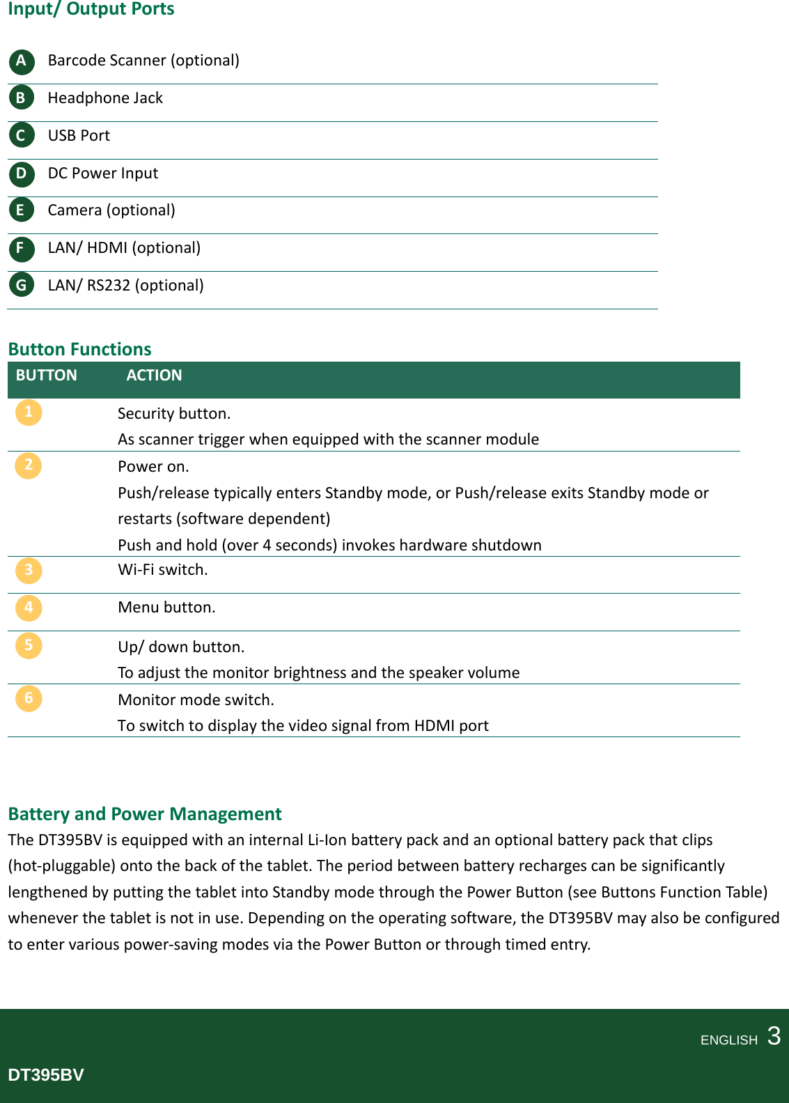 Input/OutputPortsABarcodeScanner(optional)BHeadphoneJackCUSBPortDDCPowerInputECamera(optional)FLAN/HDMI(optional)GLAN/RS232(optional)ButtonFunctionsBUTTONACTION1Securitybutton.Asscannertriggerwhenequippedwiththescannermodule2Poweron.Push/releasetypicallyentersStandbymode,orPush/releaseexitsStandbymodeorrestarts(softwaredependent)Pushandhold(over4seconds)invokeshardwareshutdown3Wi‐Fiswitch.4Menubutton.5Up/downbutton.Toadjustthemonitorbrightnessandthespeakervolume6Monitormodeswitch.ToswitchtodisplaythevideosignalfromHDMIportBatteryandPowerManagement TheDT395BVisequippedwithaninternalLi‐Ionbatterypackandanoptionalbatterypackthatclips(hot‐pluggable)ontothebackofthetablet.TheperiodbetweenbatteryrechargescanbesignificantlylengthenedbyputtingthetabletintoStandbymodethroughthePowerButton(seeButtonsFunctionTable)wheneverthetabletisnotinuse.Dependingontheoperatingsoftware,theDT395BVmayalsobeconfiguredtoentervariouspower‐savingmodesviathePowerButtonorthroughtimedentry.ENGLISH  3DT395BV