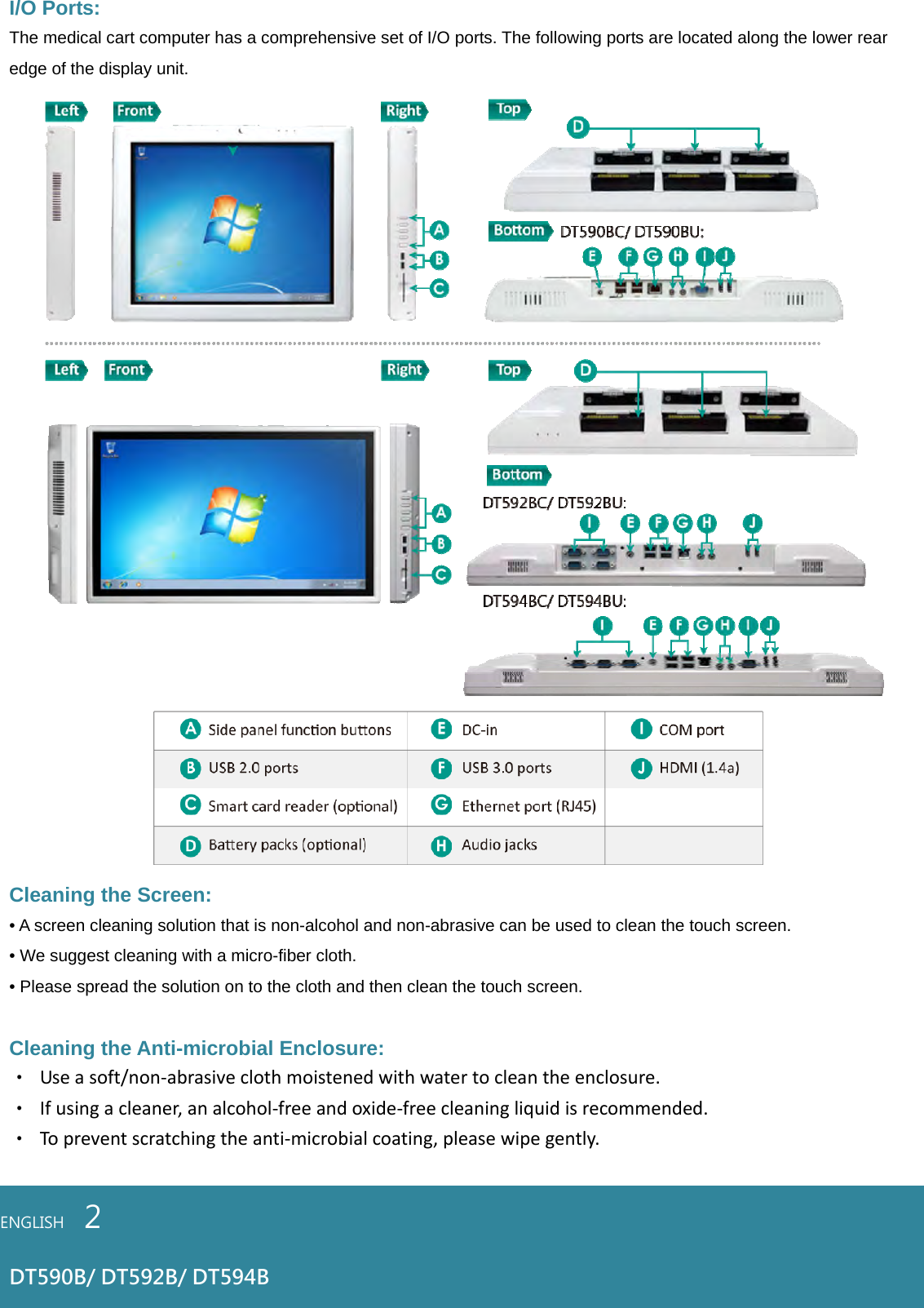 I/O Ports: The medical cart computer has a comprehensive set of I/O ports. The following ports are located along the lower rear edge of the display unit.  Cleaning the Screen: • A screen cleaning solution that is non-alcohol and non-abrasive can be used to clean the touch screen. • We suggest cleaning with a micro-fiber cloth. • Please spread the solution on to the cloth and then clean the touch screen.Cleaning the Anti-microbial Enclosure: •Useasoft/non‐abrasiveclothmoistenedwithwatertocleantheenclosure.•Ifusingacleaner,analcohol‐freeandoxide‐freecleaningliquidisrecommended.•Topreventscratchingtheanti‐microbialcoating,pleasewipegently.ENGLISH    2  DT590B/ DT592B/ DT594B 