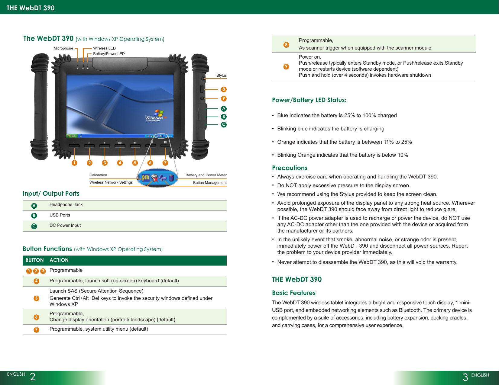 THE WebDT 390ENGLISH  23 ENGLISHButton Functions (with Windows XP Operating System)BUTTON ACTIONProgrammableProgrammable, launch soft (on-screen) keyboard (default)Launch SAS (Secure Attention Sequence)GenerateCtrl+Alt+DelkeystoinvokethesecuritywindowsdenedunderWindows XP Programmable,  Change display orientation (portrait/ landscape) (default)Programmable, system utility menu (default)The WebDT 390 (with Windows XP Operating System)Battery/Power LEDWireless LEDMicrophoneStylusButton ManagementWireless Network SettingsCalibrationProgrammable, As scanner trigger when equipped with the scanner modulePower on,  Push/release typically enters Standby mode, or Push/release exits Standby mode or restarts device (software dependent) Push and hold (over 4 seconds) invokes hardware shutdownPower/Battery LED Status:Blue indicates the battery is 25% to 100% charged•Blinking blue indicates the battery is charging•Orange indicates that the battery is between 11% to 25%•Blinking Orange indicates that the battery is below 10%•PrecautionsAlways exercise care when operating and handling the WebDT 390.•Do NOT apply excessive pressure to the display screen.•We recommend using the Stylus provided to keep the screen clean.•Avoid prolonged exposure of the display panel to any strong heat source. Wherever •possible, the WebDT 390 should face away from direct light to reduce glare.If the AC-DC power adapter is used to recharge or power the device, do NOT use •any AC-DC adapter other than the one provided with the device or acquired from the manufacturer or its partners.In the unlikely event that smoke, abnormal noise, or strange odor is present, •immediately power off the WebDT 390 and disconnect all power sources. Report the problem to your device provider immediately.Never attempt to disassemble the WebDT 390, as this will void the warranty.•THE WebDT 390Basic Features The WebDT 390 wireless tablet integrates a bright and responsive touch display, 1 mini-USB port, and embedded networking elements such as Bluetooth. The primary device is complemented by a suite of accessories, including battery expansion, docking cradles, and carrying cases, for a comprehensive user experience. 1892 3456897Input/ Output Ports Headphone JackUSB PortsDC Power InputACBABC1234567Battery and Power Meter