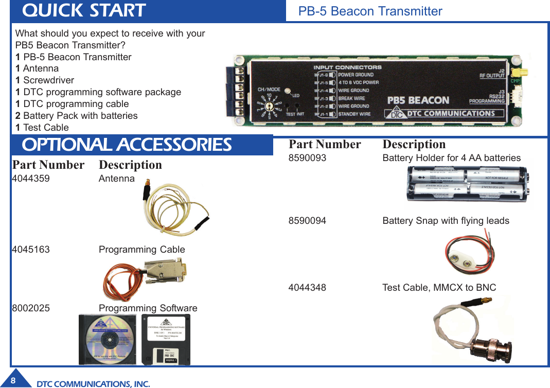 DTC COMMUNICATIONS, INC.8PB-5 Beacon TransmitterQUICK STARTWhat should you expect to receive with yourPB5 Beacon Transmitter?1 PB-5 Beacon Transmitter1 Antenna1 Screwdriver1 DTC programming software package1 DTC programming cable2 Battery Pack with batteries1 Test CableOPTIONAL ACCESSORIESPart Number Description4044359 Antenna4045163 Programming Cable8002025 Programming Software8590094 Battery Snap with flying leadsPart Number Description8590093 Battery Holder for 4 AA batteries4044348 Test Cable, MMCX to BNC