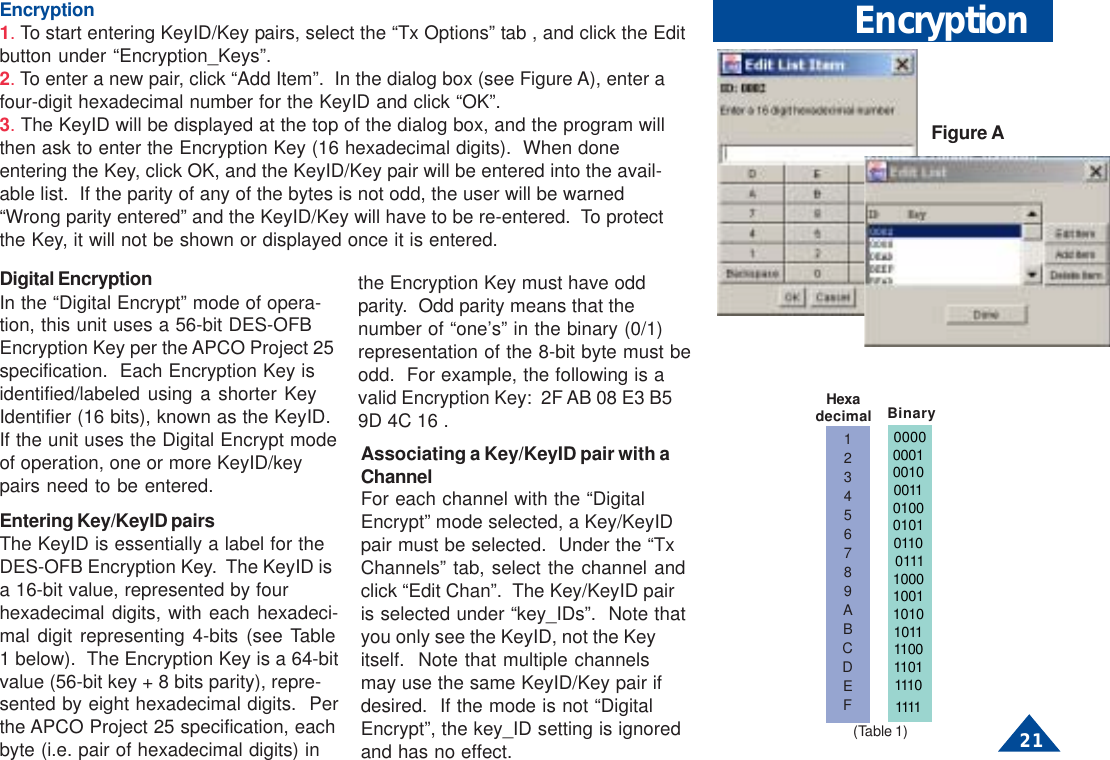 21Digital EncryptionIn the “Digital Encrypt” mode of opera-tion, this unit uses a 56-bit DES-OFBEncryption Key per the APCO Project 25specification.  Each Encryption Key isidentified/labeled using a shorter KeyIdentifier (16 bits), known as the KeyID.If the unit uses the Digital Encrypt modeof operation, one or more KeyID/keypairs need to be entered. 0000000100100011010001010110 011110001001101010111100110111101111(Table 1)EncryptionFigure AHexadecimal BinaryEncryption1. To start entering KeyID/Key pairs, select the “Tx Options” tab , and click the Editbutton under “Encryption_Keys”.2. To enter a new pair, click “Add Item”.  In the dialog box (see Figure A), enter afour-digit hexadecimal number for the KeyID and click “OK”.3. The KeyID will be displayed at the top of the dialog box, and the program willthen ask to enter the Encryption Key (16 hexadecimal digits).  When doneentering the Key, click OK, and the KeyID/Key pair will be entered into the avail-able list.  If the parity of any of the bytes is not odd, the user will be warned“Wrong parity entered” and the KeyID/Key will have to be re-entered.  To protectthe Key, it will not be shown or displayed once it is entered.Associating a Key/KeyID pair with aChannelFor each channel with the “DigitalEncrypt” mode selected, a Key/KeyIDpair must be selected.  Under the “TxChannels” tab, select the channel andclick “Edit Chan”.  The Key/KeyID pairis selected under “key_IDs”.  Note thatyou only see the KeyID, not the Keyitself.  Note that multiple channelsmay use the same KeyID/Key pair ifdesired.  If the mode is not “DigitalEncrypt”, the key_ID setting is ignoredand has no effect.Entering Key/KeyID pairsThe KeyID is essentially a label for theDES-OFB Encryption Key.  The KeyID isa 16-bit value, represented by fourhexadecimal digits, with each hexadeci-mal digit representing 4-bits (see Table1 below).  The Encryption Key is a 64-bitvalue (56-bit key + 8 bits parity), repre-sented by eight hexadecimal digits.  Perthe APCO Project 25 specification, eachbyte (i.e. pair of hexadecimal digits) inthe Encryption Key must have oddparity.  Odd parity means that thenumber of “one’s” in the binary (0/1)representation of the 8-bit byte must beodd.  For example, the following is avalid Encryption Key:  2F AB 08 E3 B59D 4C 16 . 123456789ABCDEF