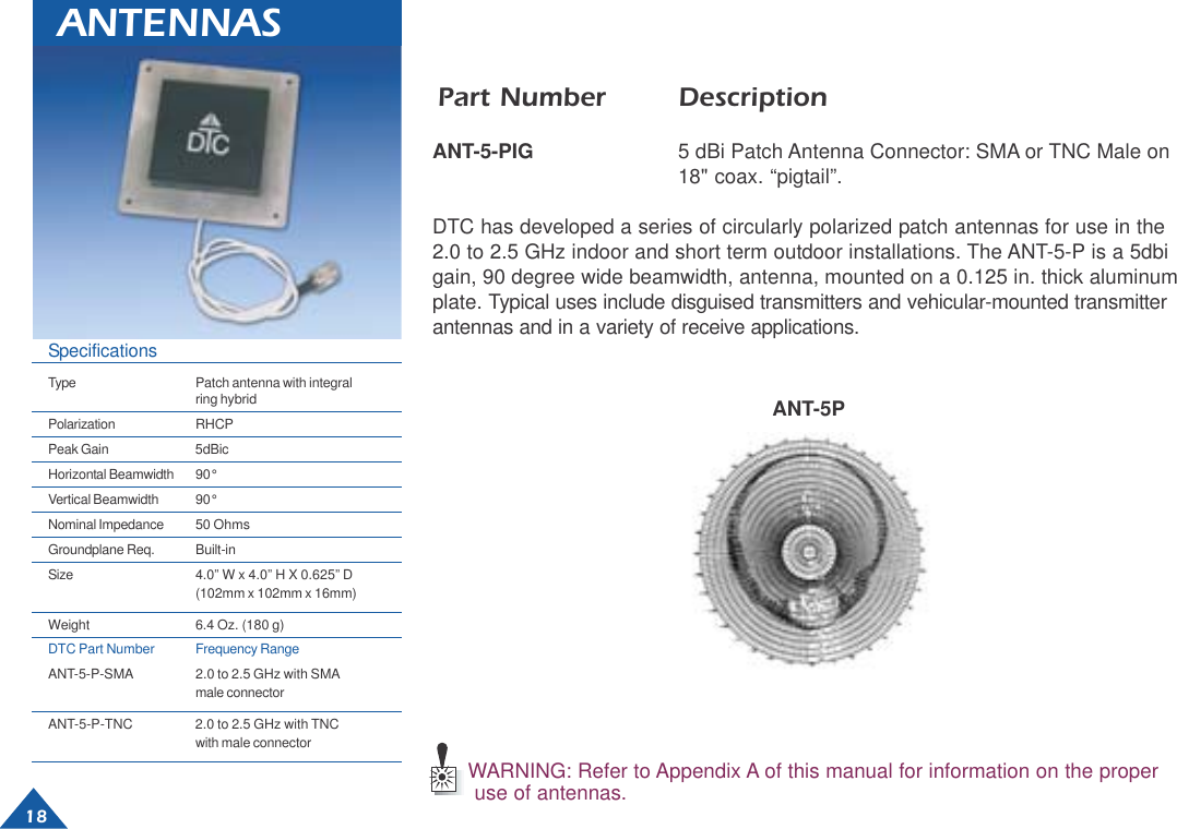  18ANTENNASPart Number DescriptionANT-5-PIG 5 dBi Patch Antenna Connector: SMA or TNC Male on18&quot; coax. “pigtail”.DTC has developed a series of circularly polarized patch antennas for use in the2.0 to 2.5 GHz indoor and short term outdoor installations. The ANT-5-P is a 5dbigain, 90 degree wide beamwidth, antenna, mounted on a 0.125 in. thick aluminumplate. Typical uses include disguised transmitters and vehicular-mounted transmitterantennas and in a variety of receive applications.WARNING: Refer to Appendix A of this manual for information on the properuse of antennas.SpecificationsType Patch antenna with integralring hybridPolarization RHCPPeak Gain 5dBicHorizontal Beamwidth 90°Vertical Beamwidth 90°Nominal Impedance 50 OhmsGroundplane Req. Built-inSize 4.0” W x 4.0” H X 0.625” D(102mm x 102mm x 16mm)Weight 6.4 Oz. (180 g)DTC Part Number Frequency RangeANT-5-P-SMA 2.0 to 2.5 GHz with SMAmale connectorANT-5-P-TNC 2.0 to 2.5 GHz with TNCwith male connectorANT-5P