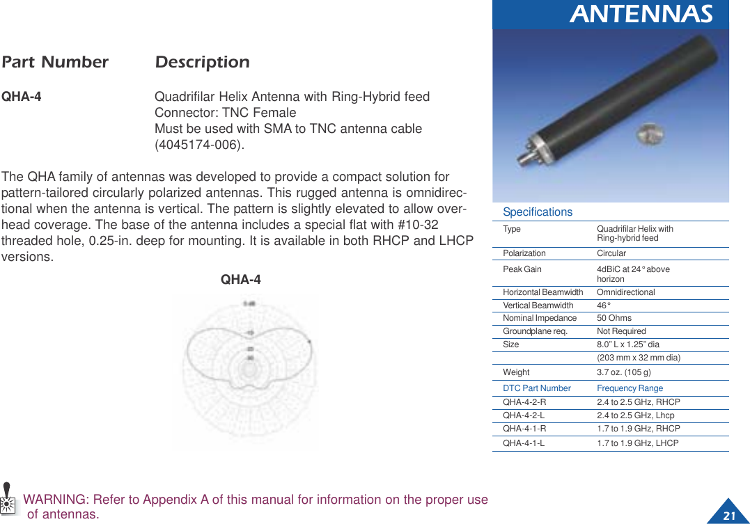 21ANTENNASPart Number DescriptionQHA-4 Quadrifilar Helix Antenna with Ring-Hybrid feedConnector: TNC FemaleMust be used with SMA to TNC antenna cable(4045174-006).The QHA family of antennas was developed to provide a compact solution forpattern-tailored circularly polarized antennas. This rugged antenna is omnidirec-tional when the antenna is vertical. The pattern is slightly elevated to allow over-head coverage. The base of the antenna includes a special flat with #10-32threaded hole, 0.25-in. deep for mounting. It is available in both RHCP and LHCPversions.WARNING: Refer to Appendix A of this manual for information on the proper useof antennas.QHA-4SpecificationsType Quadrifilar Helix withRing-hybrid feedPolarization CircularPeak Gain 4dBiC at 24° abovehorizonHorizontal Beamwidth OmnidirectionalVertical Beamwidth 46°Nominal Impedance 50 OhmsGroundplane req. Not RequiredSize 8.0” L x 1.25” dia(203 mm x 32 mm dia)Weight 3.7 oz. (105 g)DTC Part Number Frequency RangeQHA-4-2-R 2.4 to 2.5 GHz, RHCPQHA-4-2-L 2.4 to 2.5 GHz, LhcpQHA-4-1-R 1.7 to 1.9 GHz, RHCPQHA-4-1-L 1.7 to 1.9 GHz, LHCP