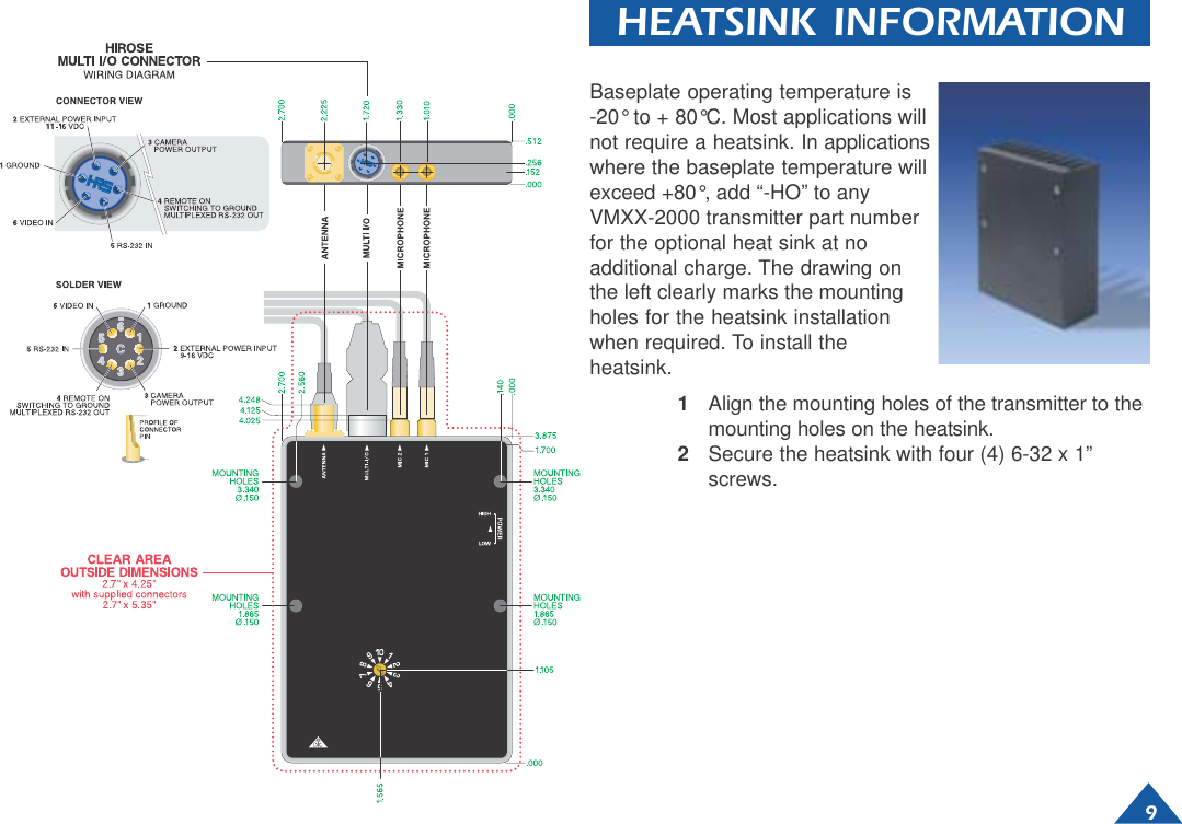 911HEATSINK INFORMATIONBaseplate operating temperature is-20° to + 80°C. Most applications willnot require a heatsink. In applicationswhere the baseplate temperature willexceed +80°, add “-HO” to anyVMXX-2000 transmitter part numberfor the optional heat sink at noadditional charge. The drawing onthe left clearly marks the mountingholes for the heatsink installationwhen required. To install theheatsink.1Align the mounting holes of the transmitter to themounting holes on the heatsink.2Secure the heatsink with four (4) 6-32 x 1”screws.