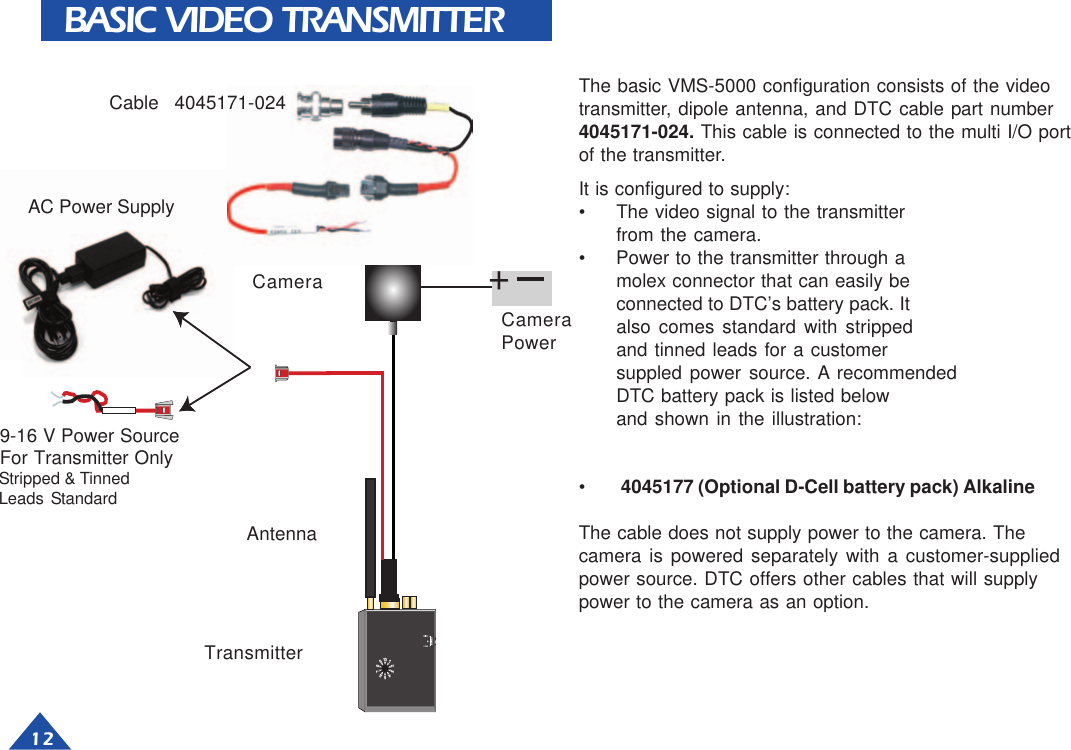 12BASIC VIDEO TRANSMITTERIt is configured to supply:• The video signal to the transmitterfrom the camera.• Power to the transmitter through amolex connector that can easily beconnected to DTC’s battery pack. Italso comes standard with strippedand tinned leads for a customersuppled power source. A recommendedDTC battery pack is listed belowand shown in the illustration:•4045177 (Optional D-Cell battery pack) AlkalineThe cable does not supply power to the camera. Thecamera is powered separately with a customer-suppliedpower source. DTC offers other cables that will supplypower to the camera as an option.The basic VMS-5000 configuration consists of the videotransmitter, dipole antenna, and DTC cable part number4045171-024. This cable is connected to the multi I/O portof the transmitter.9-16 V Power SourceFor Transmitter OnlyStripped &amp; TinnedLeads StandardAC Power SupplyTransmitterAntennaCameraPowerCameraCable  4045171-024+