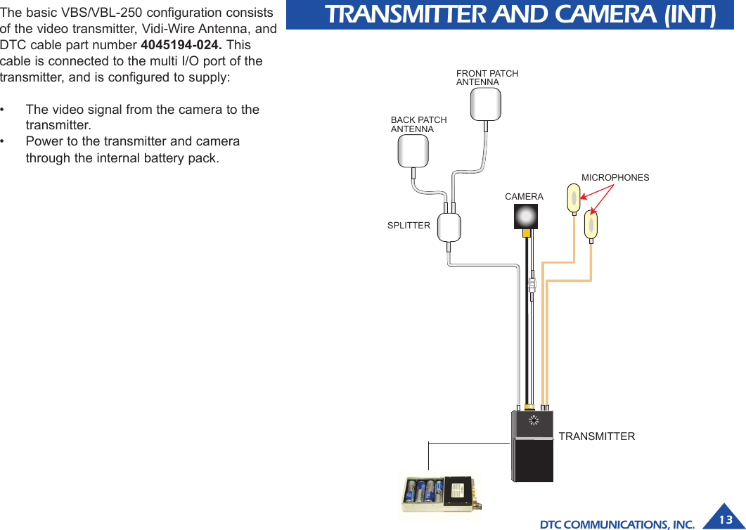 DTC COMMUNICATIONS, INC. 13The basic VBS/VBL-250 configuration consistsof the video transmitter, Vidi-Wire Antenna, andDTC cable part number 4045194-024. Thiscable is connected to the multi I/O port of thetransmitter, and is configured to supply:• The video signal from the camera to thetransmitter.• Power to the transmitter and camerathrough the internal battery pack.FRONT PATCH ANTENNABACK PATCHANTENNASPLITTERCAMERAMICROPHONESTRANSMITTERTRANSMITTER AND CAMERA (INT)