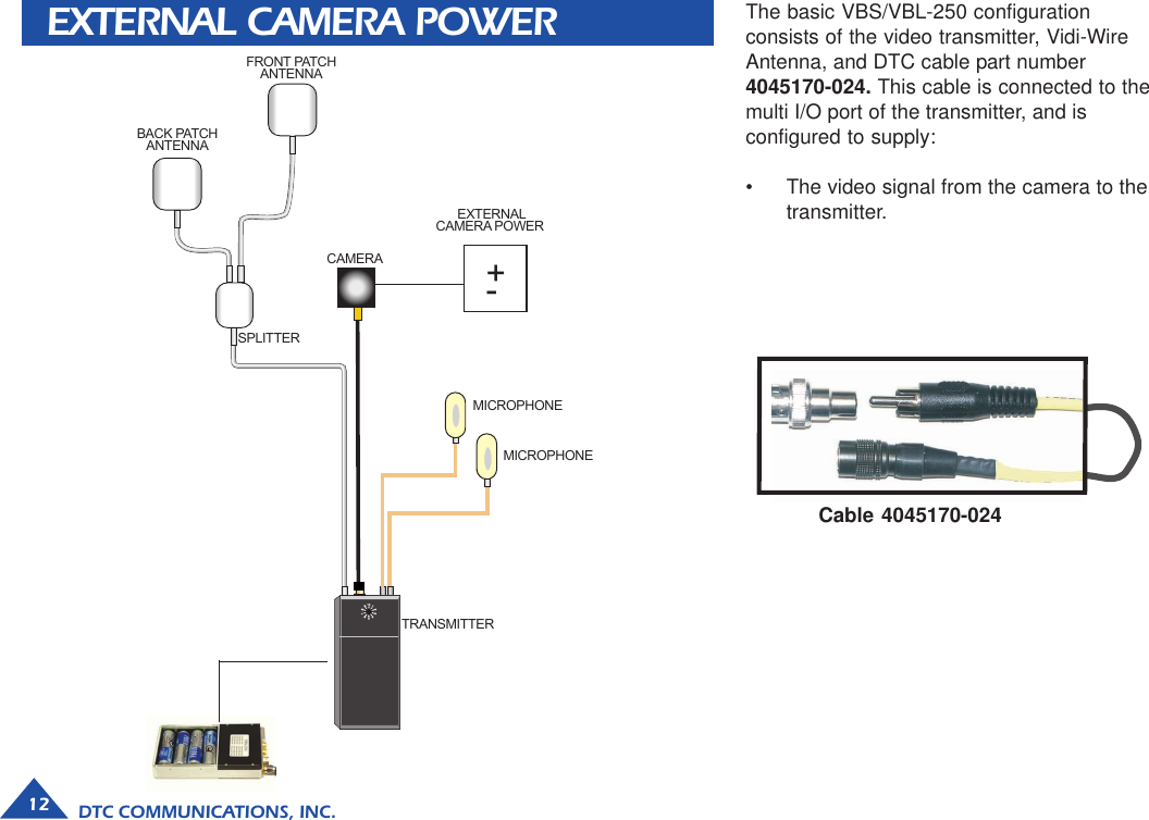 DTC COMMUNICATIONS, INC.12TRANSMITTERSPLITTERCAMERAFRONT PATCHANTENNABACK PATCHANTENNAMICROPHONEMICROPHONE+- EXTERNALCAMERA POWEREXTERNAL CAMERA POWER The basic VBS/VBL-250 configurationconsists of the video transmitter, Vidi-WireAntenna, and DTC cable part number4045170-024. This cable is connected to themulti I/O port of the transmitter, and isconfigured to supply:• The video signal from the camera to thetransmitter.Cable 4045170-024