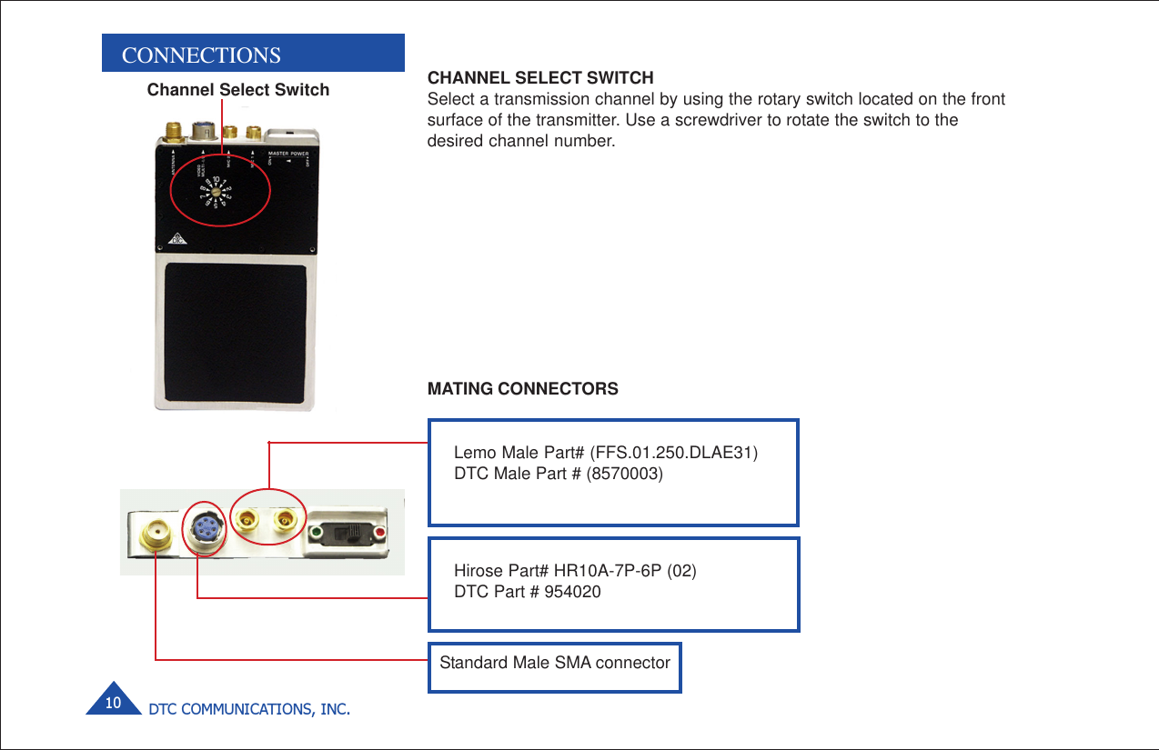 DTC COMMUNICATIONS, INC.10CHANNEL SELECT SWITCHSelect a transmission channel by using the rotary switch located on the frontsurface of the transmitter. Use a screwdriver to rotate the switch to thedesired channel number.Channel Select SwitchCONNECTIONSLemo Male Part# (FFS.01.250.DLAE31)DTC Male Part # (8570003)Hirose Part# HR10A-7P-6P (02)DTC Part # 954020Standard Male SMA connectorMATING CONNECTORS