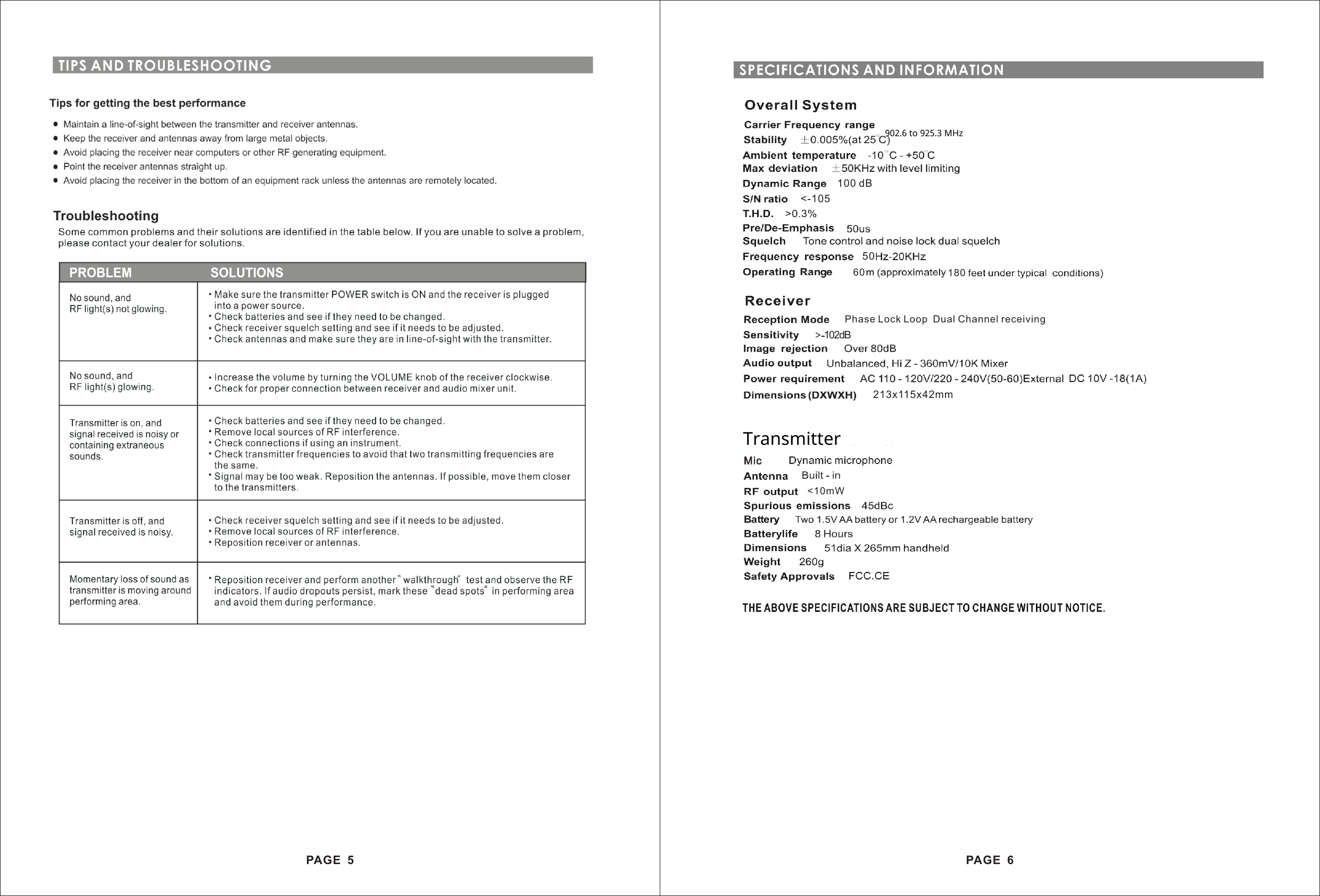 PAGE  5100 dB<-1055060 180Phase Lock Loop  Dual Channel receivingMicMic<10mW> 102dBPAGE  6213x115x42mm902.6 to 925.3 MHzTransmitter