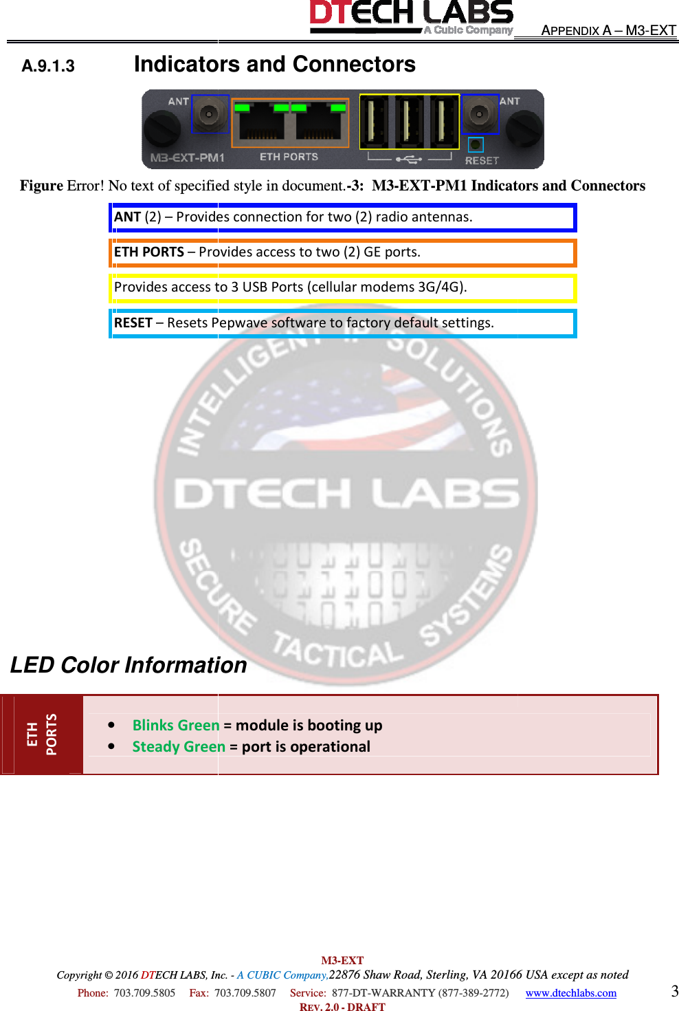 Copyright © 2016 DTECH LABS, Inc.  Phone:  703.709.5805     Fax:  703.709.5807     A.9.1.3  Indicators and ConnectorsFigure Error! No text of specified style in document.ANT (2) – Provides connection for two (2) radio antennas. ETH PORTS – Provides access to two (2) GE ports. Provides access to 3 USB Ports (cellular modems 3G/4G).  RESET – Resets Pepwave software to factory default settings.       LED Color InformationETH PORTS • Blinks Green • Steady Green  M3-EXT ECH LABS, Inc. - A CUBIC Company,22876 Shaw Road, Sterling, VA 20166 USA except as noted703.709.5807     Service:  877-DT-WARRANTY (877-389-2772)      REV. 2.0 - DRAFT Indicators and Connectors No text of specified style in document.-3:  M3-EXT-PM1 Indicators and ConnectorsProvides connection for two (2) radio antennas. Provides access to two (2) GE ports. Provides access to 3 USB Ports (cellular modems 3G/4G).  Resets Pepwave software to factory default settings. Information Blinks Green = module is booting up Steady Green = port is operational  APPENDIX A – M3-EXT 20166 USA except as noted 2772)      www.dtechlabs.com 3  PM1 Indicators and Connectors 