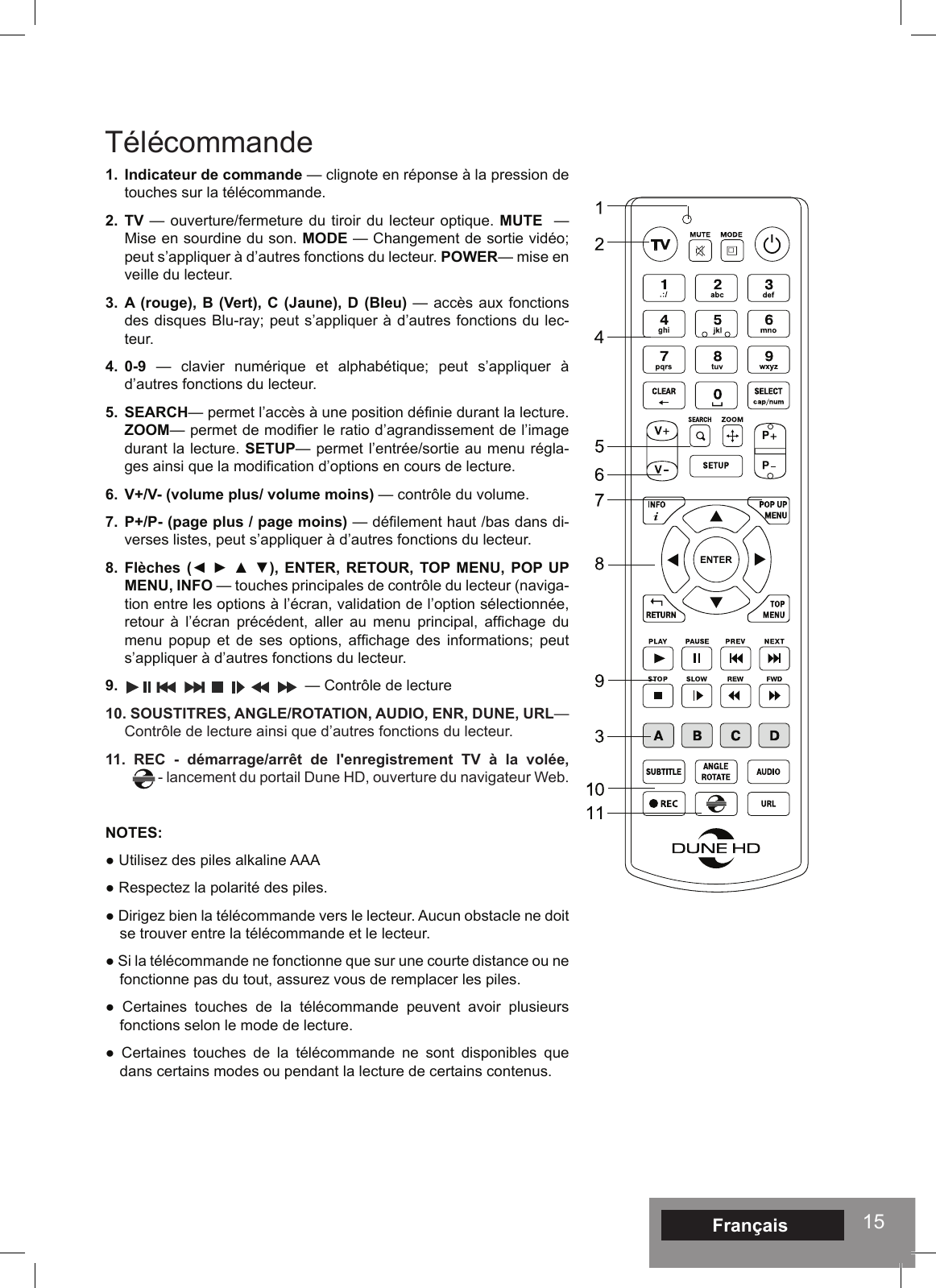 15FrançaisTélécommande1.  Indicateur de commande — clignote en réponse à la pression de touches sur la télécommande.2. TV — ouverture/fermeture du tiroir du lecteur optique. MUTE  — Mise en sourdine du son. MODE — Changement de sortie vidéo; peut s’appliquer à d’autres fonctions du lecteur. POWER— mise en veille du lecteur.3. A (rouge), B (Vert), C (Jaune), D (Bleu) — accès aux fonctions des disques Blu-ray; peut s’appliquer à d’autres fonctions du lec-teur.4. 0-9 — clavier numérique et alphabétique; peut s’appliquer à d’autres fonctions du lecteur.5. SEARCH— permet l’accès à une position dénie durant la lecture. ZOOM— permet de modier le ratio d’agrandissement de l’image durant la lecture. SETUP— permet l’entrée/sortie au menu régla-ges ainsi que la modication d’options en cours de lecture. 6.  V+/V- (volume plus/ volume moins) — contrôle du volume.7. P+/P- (page plus / page moins) — délement haut /bas dans di-verses listes, peut s’appliquer à d’autres fonctions du lecteur.8.  Flèches (◄ ►  ▲  ▼),  ENTER, RETOUR,  TOP MENU,  POP UP MENU, INFO — touches principales de contrôle du lecteur (naviga-tion entre les options à l’écran, validation de l’option sélectionnée, retour  à  l’écran  précédent,  aller  au  menu principal,  afchage  du menu  popup et  de  ses  options,  afchage  des  informations; peut s’appliquer à d’autres fonctions du lecteur. 9.                                             — Contrôle de lecture10. SOUSTITRES, ANGLE/ROTATION, AUDIO, ENR, DUNE, URL—  Contrôle de lecture ainsi que d’autres fonctions du lecteur.11. REC - démarrage/arrêt de l&apos;enregistrement TV à la volée,           - lancement du portail Dune HD, ouverture du navigateur Web.NOTES:● Utilisez des piles alkaline AAA● Respectez la polarité des piles.● Dirigez bien la télécommande vers le lecteur. Aucun obstacle ne doit se trouver entre la télécommande et le lecteur.● Si la télécommande ne fonctionne que sur une courte distance ou ne fonctionne pas du tout, assurez vous de remplacer les piles.●  Certaines  touches  de  la  télécommande  peuvent  avoir  plusieurs fonctions selon le mode de lecture.●  Certaines  touches  de  la  télécommande  ne  sont  disponibles  que dans certains modes ou pendant la lecture de certains contenus.