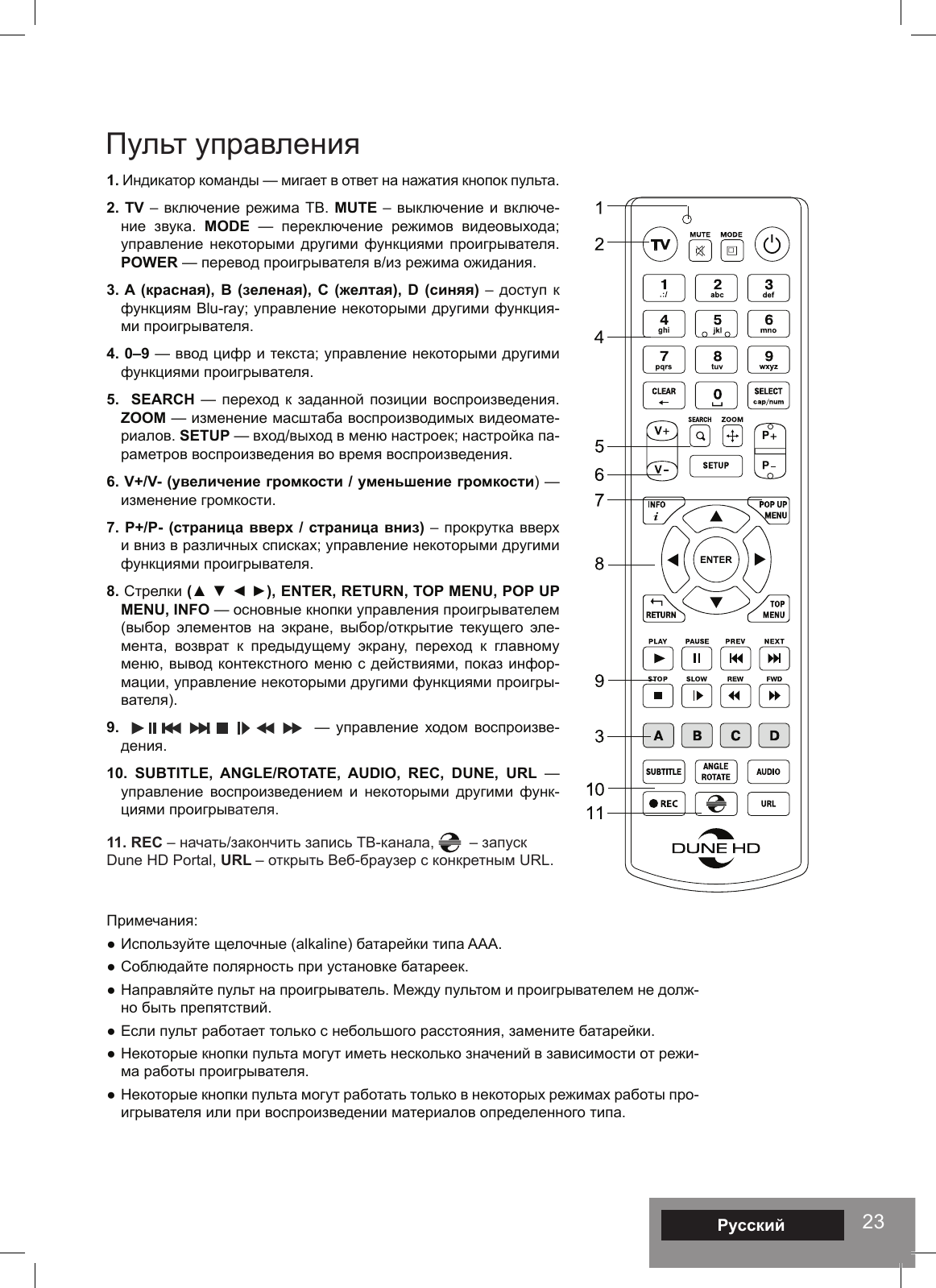 23Русский1. Индикатор команды — мигает в ответ на нажатия кнопок пульта.2. TV ‒ включение режима ТВ. MUTE ‒ выключение и включе-ние  звука.  MODE  —  переключение  режимов  видеовыхода; управление некоторыми другими  функциями проигрывателя. POWER — перевод проигрывателя в/из режима ожидания.3. A (красная),  B  (зеленая), C (желтая), D  (синяя) ‒ доступ к функциям Blu-ray; управление некоторыми другими функция-ми проигрывателя.4. 0–9 — ввод цифр и текста; управление некоторыми другими функциями проигрывателя.5.  SEARCH — переход к заданной  позиции воспроизведения. ZOOM — изменение масштаба воспроизводимых видеомате-риалов. SETUP — вход/выход в меню настроек; настройка па-раметров воспроизведения во время воспроизведения.6. V+/V- (увеличение громкости / уменьшение громкости) — изменение громкости.7. P+/P-  (страница  вверх / страница вниз) ‒ прокрутка вверх и вниз в различных списках; управление некоторыми другими функциями проигрывателя.8. Стрелки (▲ ▼ ◄ ►), ENTER, RETURN, TOP MENU, POP UP MENU, INFO — основные кнопки управления проигрывателем (выбор  элементов  на  экране, выбор/открытие  текущего  эле-мента,  возврат  к  предыдущему  экрану,  переход  к  главному меню, вывод контекстного меню с действиями, показ инфор-мации, управление некоторыми другими функциями проигры-вателя).9.     — управление ходом воспроизве-дения.10. SUBTITLE, ANGLE/ROTATE, AUDIO, REC, DUNE, URL — управление  воспроизведением  и  некоторыми  другими  функ-циями проигрывателя.11. REC ‒ начать/закончить запись ТВ-канала,    ‒ запуск Dune HD Portal, URL ‒ открыть Веб-браузер с конкретным URL. Пульт управленияПримечания: ● Используйте щелочные (alkaline) батарейки типа AAA.● Соблюдайте полярность при установке батареек.● Направляйте пульт на проигрыватель. Между пультом и проигрывателем не долж-но быть препятствий.● Если пульт работает только с небольшого расстояния, замените батарейки.● Некоторые кнопки пульта могут иметь несколько значений в зависимости от режи-ма работы проигрывателя.● Некоторые кнопки пульта могут работать только в некоторых режимах работы про-игрывателя или при воспроизведении материалов определенного типа.