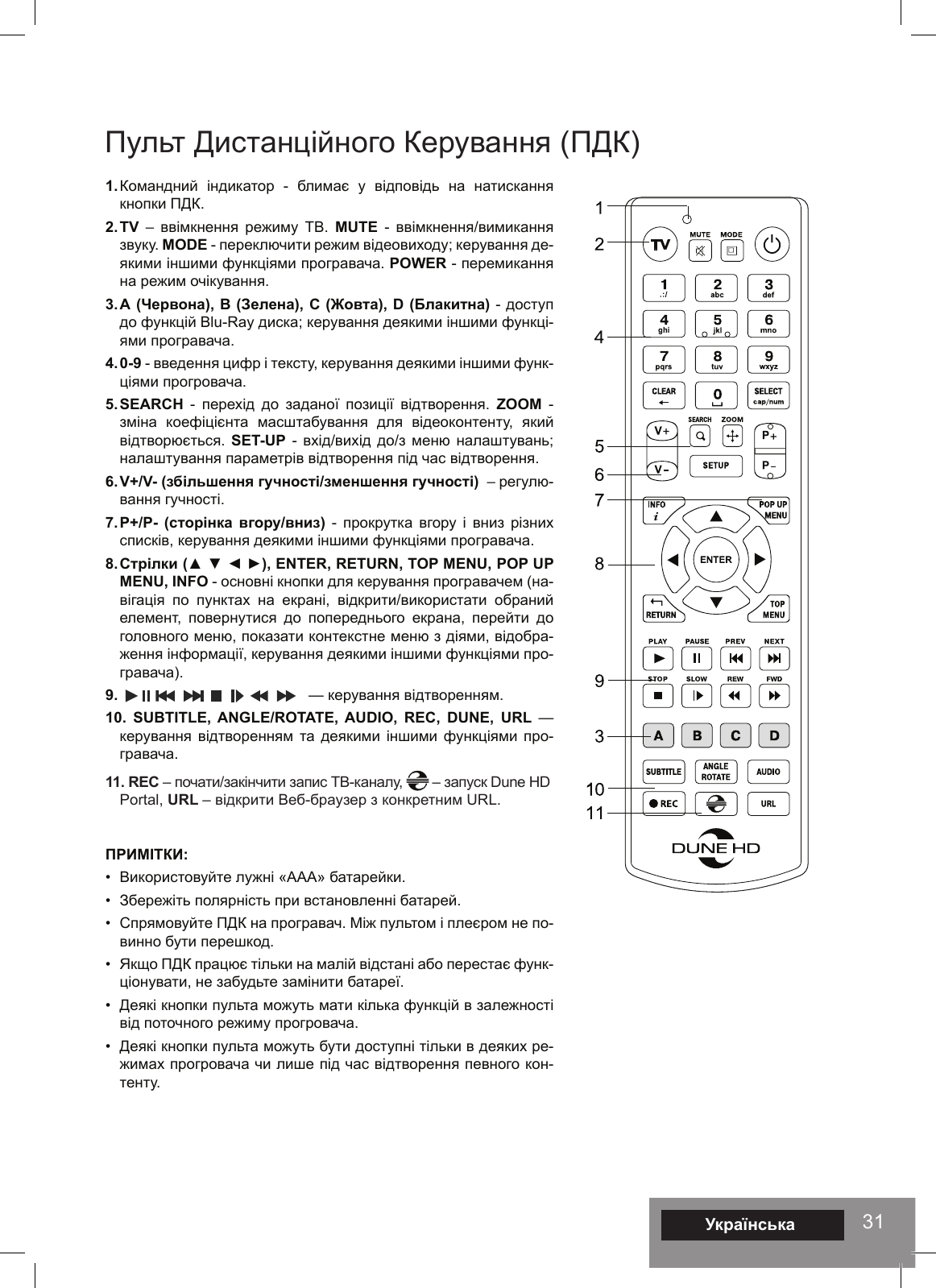 316. Компонентний (Y/Pb/Pr) відеовихід 7. Коаксіальний цифровий аудіовихід 8. Оптичний цифровий аудіовихід 9. Аналоговий стереоаудіовихід (ліво/право) 10. Вимикач живленняУкраїнська1. Командний  індикатор  -  блимає  у  відповідь  на  натискання кнопки ПДК.2. TV  ‒ ввімкнення  режиму  ТВ. MUTE  -  ввімкнення/вимикання звуку. MODE - переключити режим відеовиходу; керування де-якими іншими функціями програвача. POWER - перемикання на режим очікування. 3. А (Червона), B (Зелена), C (Жовта), D (Блакитна) - доступ до функцій Blu-Ray диска; керування деякими іншими функці-ями програвача. 4. 0-9  - введення цифр і тексту, керування деякими іншими функ-ціями прогровача. 5. SEARCH  -  перехід  до  заданої  позиції  відтворення.  ZOOM - зміна  коефіцієнта  масштабування  для  відеоконтенту,  який відтворюється. SET-UP  - вхід/вихід до/з  меню налаштувань; налаштування параметрів відтворення під час відтворення. 6. V+/V- (збільшення гучності/зменшення гучності)  ‒ регулю-вання гучності. 7. P+/P-  (сторінка  вгору/вниз)  - прокрутка  вгору  і вниз  різних списків, керування деякими іншими функціями програвача. 8. Стрілки (▲ ▼ ◄ ►), ENTER, RETURN, TOP MENU, POP UP MENU, INFO - основні кнопки для керування програвачем (на-вігація  по  пунктах  на  екрані,  відкрити/використати  обраний елемент,  повернутися  до  попереднього  екрана,  перейти  до головного меню, показати контекстне меню з діями, відобра-ження інформації, керування деякими іншими функціями про-гравача). 9.                                              — керування відтворенням. 10. SUBTITLE, ANGLE/ROTATE, AUDIO, REC, DUNE, URL — керування відтворенням  та деякими  іншими функціями про-гравача. 11. REC ‒ почати/закінчити запис ТВ-каналу,   ‒ запуск Dune HD Portal, URL ‒ відкрити Веб-браузер з конкретним URL. ПРИМІТКИ: •  Використовуйте лужні «ААА» батарейки. •  Збережіть полярність при встановленні батарей. •  Спрямовуйте ПДК на програвач. Між пультом і плеєром не по-винно бути перешкод.•  Якщо ПДК працює тільки на малій відстані або перестає функ-ціонувати, не забудьте замінити батареї. •  Деякі кнопки пульта можуть мати кілька функцій в залежності від поточного режиму прогровача. •  Деякі кнопки пульта можуть бути доступні тільки в деяких ре-жимах прогровача чи лише під час відтворення певного кон-тенту.Пульт Дистанційного Керування (ПДК)