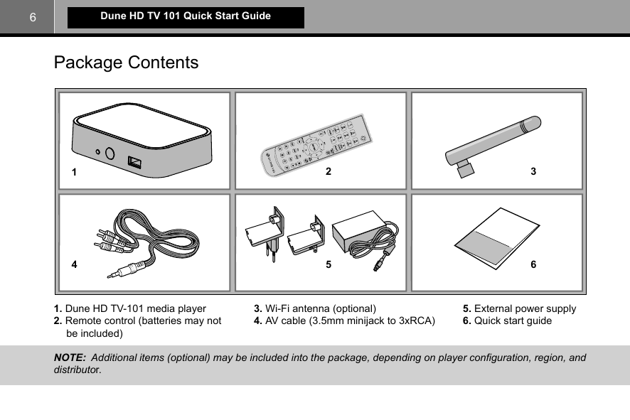 6Dune HD TV 101 Quick Start GuidePackage Contents  1. Dune HD TV-101 media player 2. Remote control (batteries may not be included)3. Wi-Fi antenna (optional)4. AV cable (3.5mm minijack to 3xRCA)5. External power supply6. Quick start guideNOTE:  Additional items (optional) may be included into the package, depending on player configuration, region, and distributor.142653