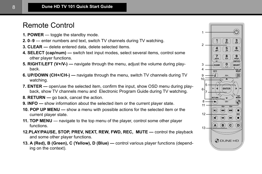 8Dune HD TV 101 Quick Start GuideRemote Control123456781011121391. POWER — toggle the standby mode.2. 0–9 — enter numbers and text, switch TV channels during TV watching.3. CLEAR — delete entered data, delete selected items.4. SELECT (cap/num) — switch text input modes, select several items, control some other player functions.5. RIGHT/LEFT (V+/V-) — navigate through the menu, adjust the volume during play-back.6. UP/DOWN (CH+/CH-) — navigate through the menu, switch TV channels during TV watching.7. ENTER — open/use the selected item, conﬁ rm the input, show OSD menu during play-back, show TV channels menu and  Electronic Program Guide during TV watching.8. RETURN — go back, cancel the action.9. INFO — show information about the selected item or the current player state.10. POP UP MENU — show a menu with possible actions for the selected item or the current player state.11. TOP MENU — navigate to the top menu of the player, control some other player functions.12.PLAY/PAUSE, STOP, PREV, NEXT, REW, FWD, REC,  MUTE — control the playback and some other player functions.13. A (Red), B (Green), C (Yellow), D (Blue) — control various player functions (depend-ing on the context).