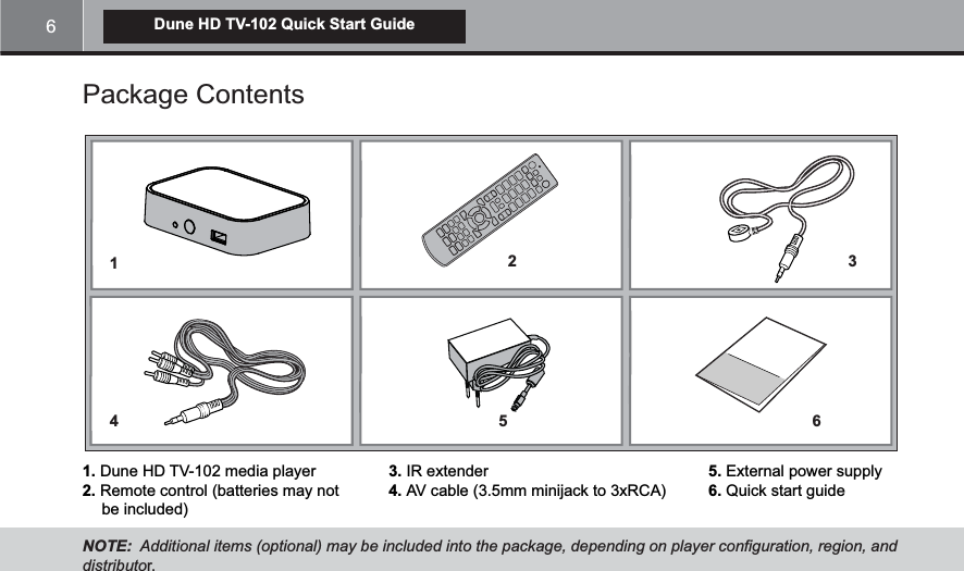 6Dune HD TV-102 Quick Start GuidePackage Contents  1. Dune HD TV-102 media player 2. Remote control (batteries may not be included)3. 4. AV cable (3.5mm minijack to 3xRCA)5. External power supply6. Quick start guideNOTE:  Additional items (optional) may be included into the package, depending on player configuration, region, and distributor.142653