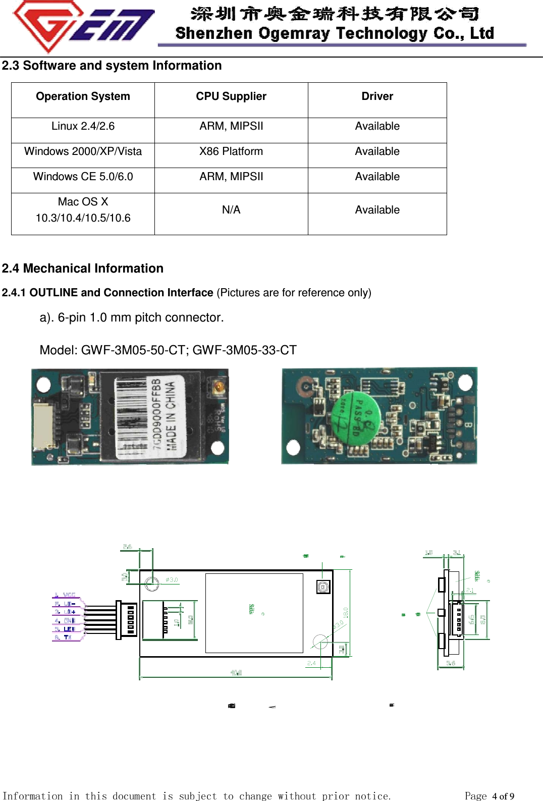 2.3 Software and system InformationOperation System  CPU Supplier  Driver Linux 2.4/2.6  ARM, MIPSII  Available Windows 2000/XP/Vista  X86 Platform  Available Windows CE 5.0/6.0  ARM, MIPSII  Available Mac OS X 10.3/10.4/10.5/10.6  N/A  Available 2.4 Mechanical Information 2.4.1 OUTLINE and Connection Interface (Pictures are for reference only) a). 6-pin 1.0 mm pitch connector. Model: GWF-3M05-50-CT; GWF-3M05-33-CT 4 of 9 