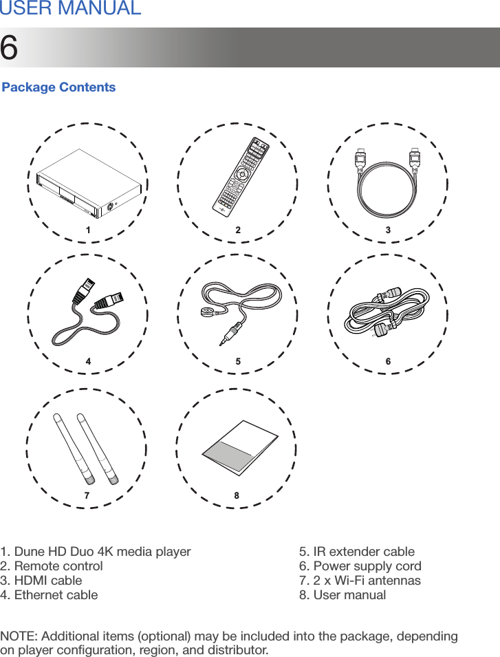 Package Contents 23461. Dune HD Duo 4K media player2. Remote control3. HDMI cable4. Ethernet cable5. IR extender cable6. Power supply cord7. 2 x Wi-Fi antennas8. User manual178NOTE: Additional items (optional) may be included into the package, depending on player configuration, region, and distributor.56USER MANUALLIGHTTVENTERPOP UPMENUINFOTOPMENURETURNV+V-P+P-SETUPRECENTSEARCHTV MOVIES MUSICSUBTITLE MODE AUDIOZOOMRECAV IN TV POWERTV INFO SETABCDCLEAR SELECTcap / num.:/ghipqrsabc defjkl mnotuv