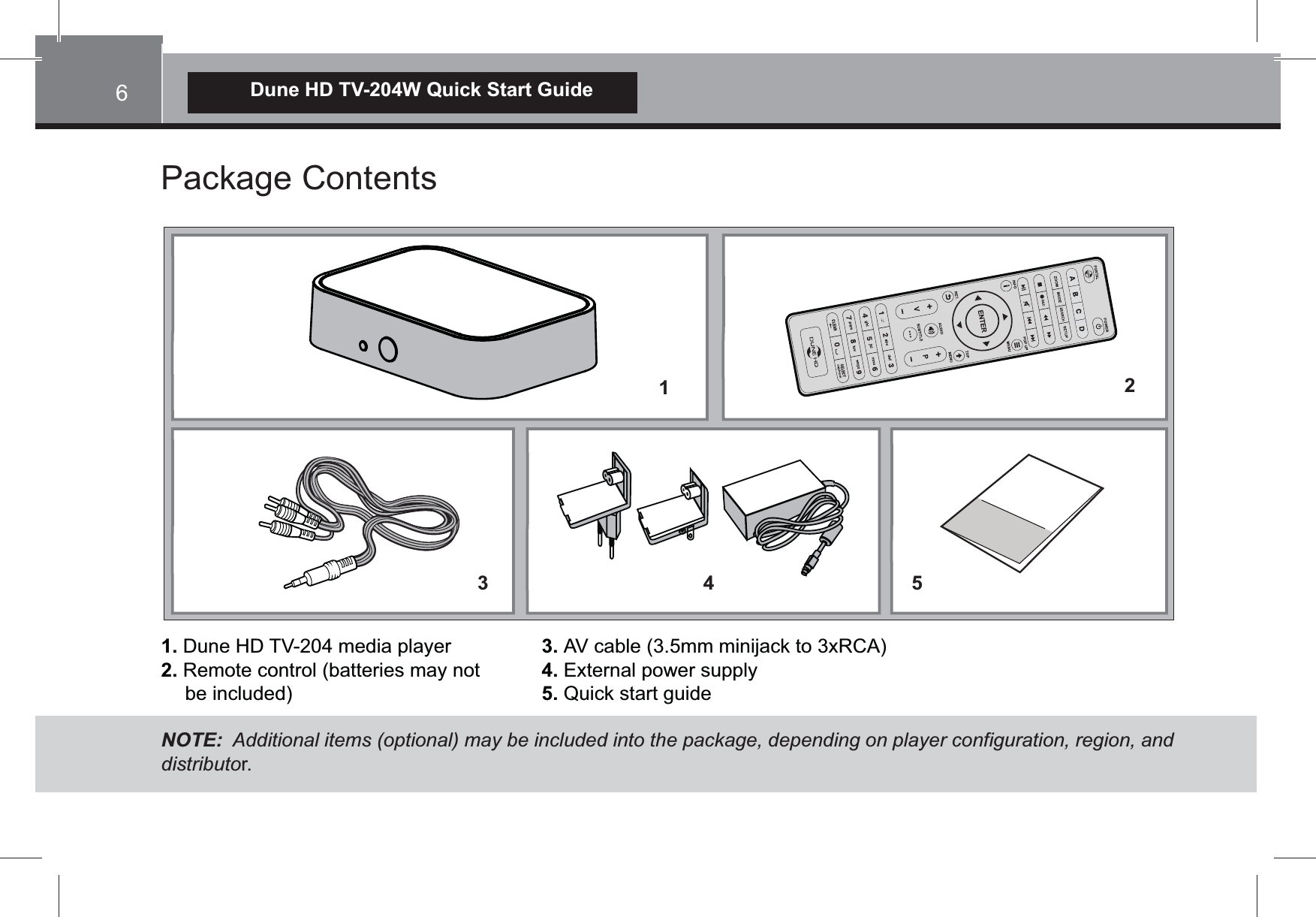 6Dune HD TV-204W Quick Start Guide1.  2. 3. 4. 5. NOTE:  Additional items (optional) may be included into the package, depending on player configuration, region, and distributo14325