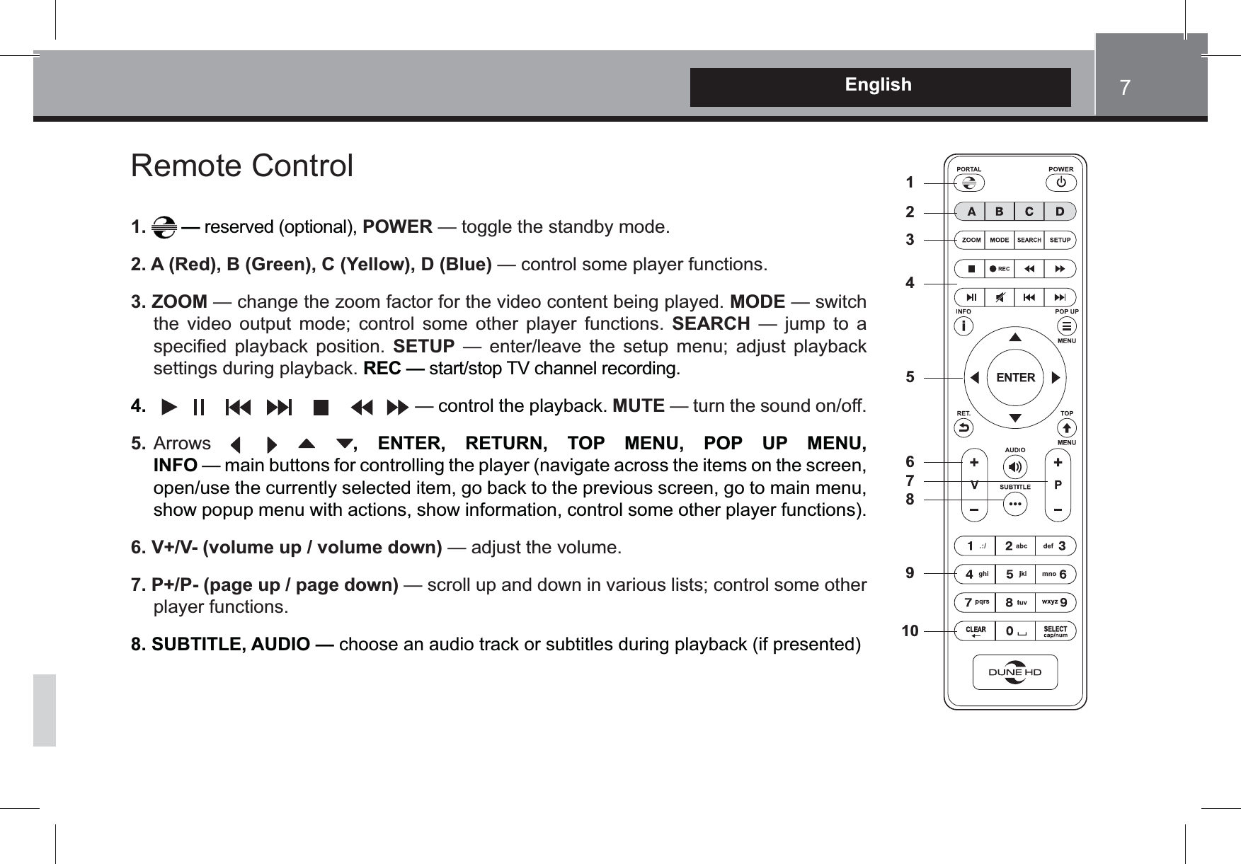 7English1.  &mdash;POWER2. A (Red), B (Green), C (Yellow), D (Blue) 3.ZOOMMODE         SEARCH       SETUP       REC&mdash;4.                            MUTE5. , ENTER, RETURN, TOP MENU, POP UP MENU,  INFO6. V+/V- (volume up / volume down) 7. P+/P- (page up / page down) 8. SUBTITLE, AUDIO &mdash; 12349105678