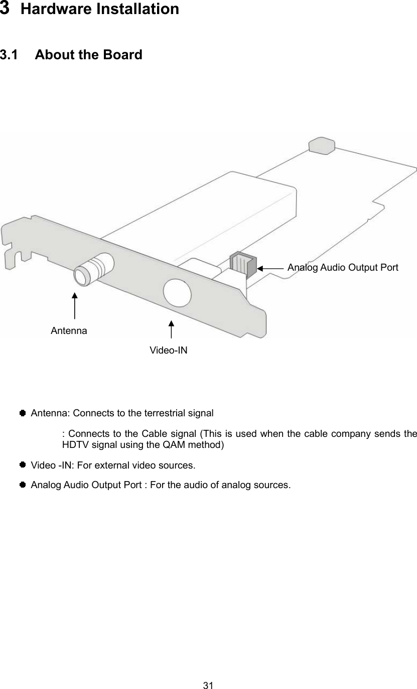  313  Hardware Installation    3.1  About the Board            Antenna: Connects to the terrestrial signal : Connects to the Cable signal (This is used when the cable company sends the HDTV signal using the QAM method)   Video -IN: For external video sources.   Analog Audio Output Port : For the audio of analog sources.   Video-IN Antenna Analog Audio Output Port 