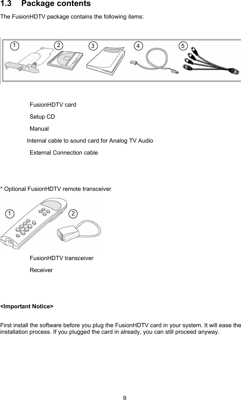  9 1.3 Package contents  The FusionHDTV package contains the following items:      FusionHDTV card    Setup CD   Manual                  Internal cable to sound card for Analog TV Audio    External Connection cable   * Optional FusionHDTV remote transceiver   FusionHDTV transceiver  Receiver     &lt;Important Notice&gt;  First install the software before you plug the FusionHDTV card in your system. It will ease the installation process. If you plugged the card in already, you can still proceed anyway. 1  2 1  2  3  4  5 