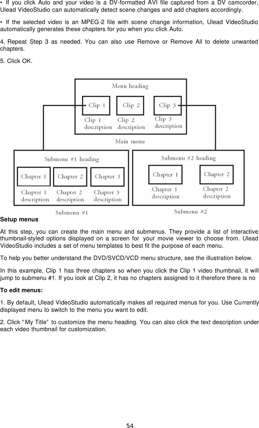  54 • If you click Auto and your video is a DV-formatted AVI file captured from a DV camcorder, Ulead VideoStudio can automatically detect scene changes and add chapters accordingly. • If the selected video is an MPEG-2 file with scene change information, Ulead VideoStudio automatically generates these chapters for you when you click Auto. 4. Repeat Step 3 as needed. You can also use Remove or Remove All to delete unwanted chapters. 5. Click OK.   Setup menus At this step, you can create the main menu and submenus. They provide a list of interactive thumbnail-styled options displayed on a screen for  your movie viewer to choose from. Ulead VideoStudio includes a set of menu templates to best fit the purpose of each menu. To help you better understand the DVD/SVCD/VCD menu structure, see the illustration below. In this example, Clip 1 has three chapters so when you click the Clip 1 video thumbnail, it will jump to submenu #1. If you look at Clip 2, it has no chapters assigned to it therefore there is no To edit menus: 1. By default, Ulead VideoStudio automatically makes all required menus for you. Use Currently displayed menu to switch to the menu you want to edit. 2. Click “My Title” to customize the menu heading. You can also click the text description under each video thumbnail for customization. 