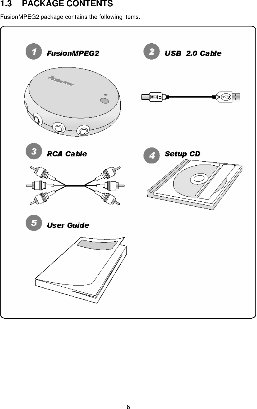  6  1.3 PACKAGE CONTENTS FusionMPEG2 package contains the following items. . 