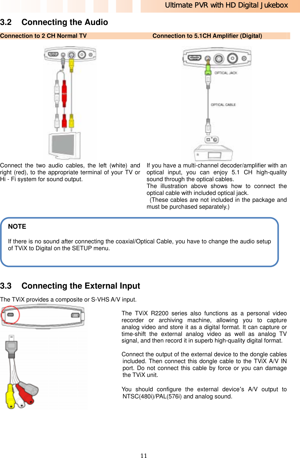 Ultimate PVR with HD Digital Jukebox   113.2  Connecting the Audio Connection to 2 CH Normal TV  Connection to 5.1CH Amplifier (Digital)     Connect the two audio cables, the left (white) and right (red), to the appropriate terminal of your TV or Hi - Fi system for sound output. If you have a multi-channel decoder/amplifier with an optical input, you can enjoy 5.1 CH high-quality sound through the optical cables. The illustration above shows how to connect the optical cable with included optical jack.  (These cables are not included in the package and must be purchased separately.)     3.3  Connecting the External Input The TViX provides a composite or S-VHS A/V input.        The TViX R2200 series also functions as a personal video recorder or archiving machine, allowing you to capture analog video and store it as a digital format. It can capture or time-shift the external analog video as well as analog TV signal, and then record it in superb high-quality digital format.  Connect the output of the external device to the dongle cables included. Then connect this dongle cable to the TViX A/V IN port. Do not connect this cable by force or you can damage the TViX unit.  You should configure the external device’s A/V output to NTSC(480i)/PAL(576i) and analog sound.  NOTE  If there is no sound after connecting the coaxial/Optical Cable, you have to change the audio setup of TViX to Digital on the SETUP menu. 
