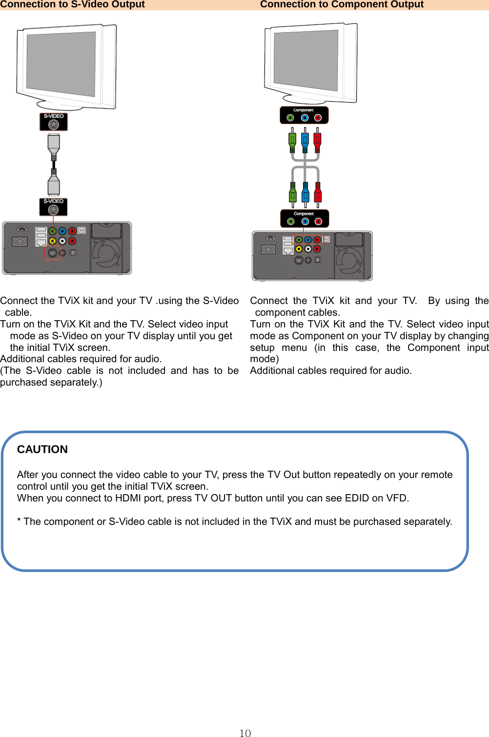  10 Connection to S-Video Output  Connection to Component Output      Connect the TViX kit and your TV .using the S-Video cable.  Turn on the TViX Kit and the TV. Select video input mode as S-Video on your TV display until you get the initial TViX screen. Additional cables required for audio. (The S-Video cable is not included and has to be purchased separately.)  Connect the TViX kit and your TV.  By using the component cables. Turn on the TViX Kit and the TV. Select video input mode as Component on your TV display by changing setup menu (in this case, the Component input mode) Additional cables required for audio.      CAUTION  After you connect the video cable to your TV, press the TV Out button repeatedly on your remote control until you get the initial TViX screen. When you connect to HDMI port, press TV OUT button until you can see EDID on VFD.  * The component or S-Video cable is not included in the TViX and must be purchased separately. 