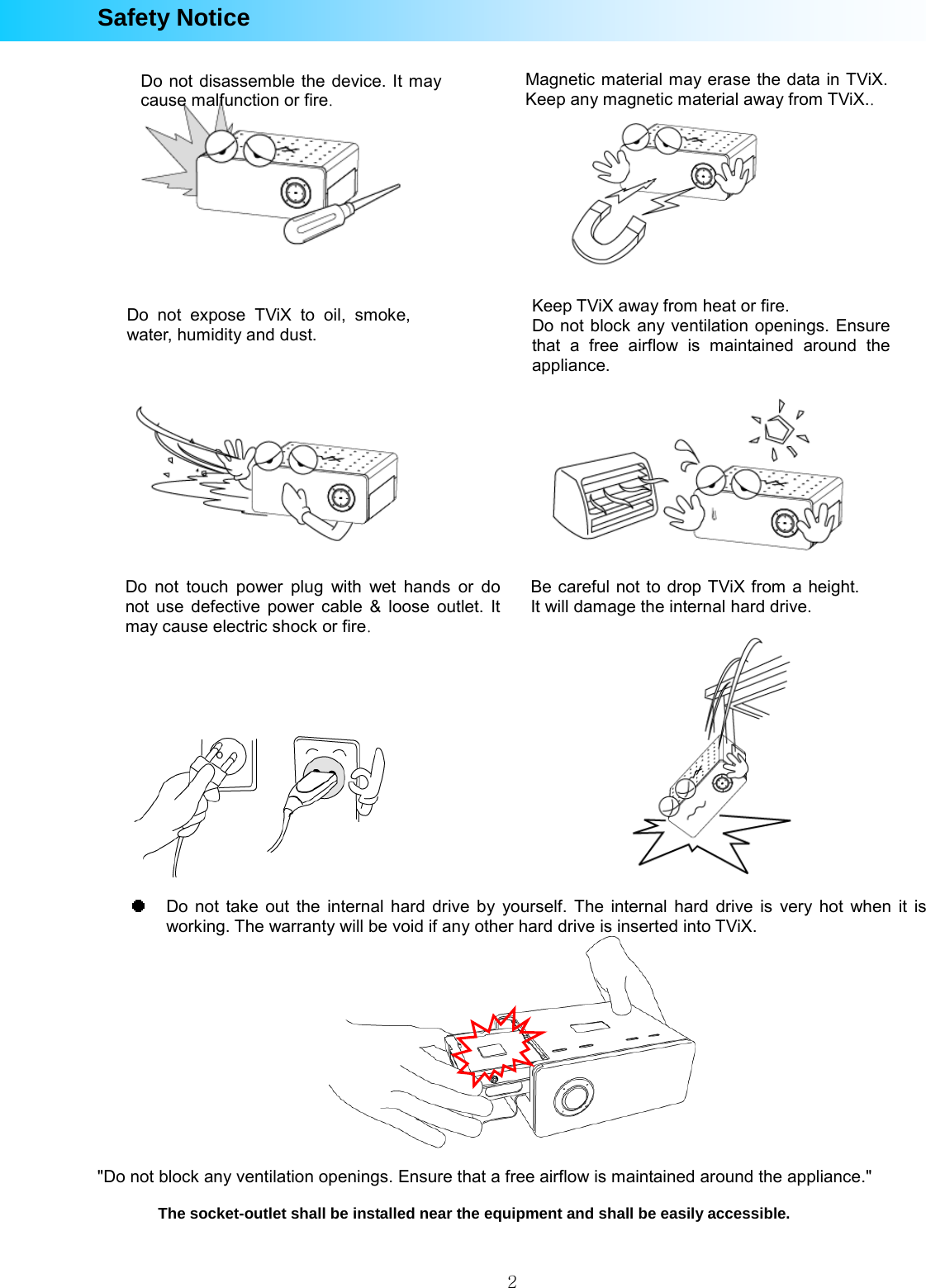  2Safety Notice                                                                                Do not take out the internal hard drive by yourself. The internal hard drive is very hot when it is working. The warranty will be void if any other hard drive is inserted into TViX.   &quot;Do not block any ventilation openings. Ensure that a free airflow is maintained around the appliance.&quot;  The socket-outlet shall be installed near the equipment and shall be easily accessible. Do not expose TViX to oil, smoke, water, humidity and dust. Do not touch power plug with wet hands or do not use defective power cable &amp; loose outlet. It may cause electric shock or fire. Be careful not to drop TViX from a height. It will damage the internal hard drive. Keep TViX away from heat or fire. Do not block any ventilation openings. Ensure that a free airflow is maintained around the appliance. Do not disassemble the device. It may cause malfunction or fire. Magnetic material may erase the data in TViX. Keep any magnetic material away from TViX.. 