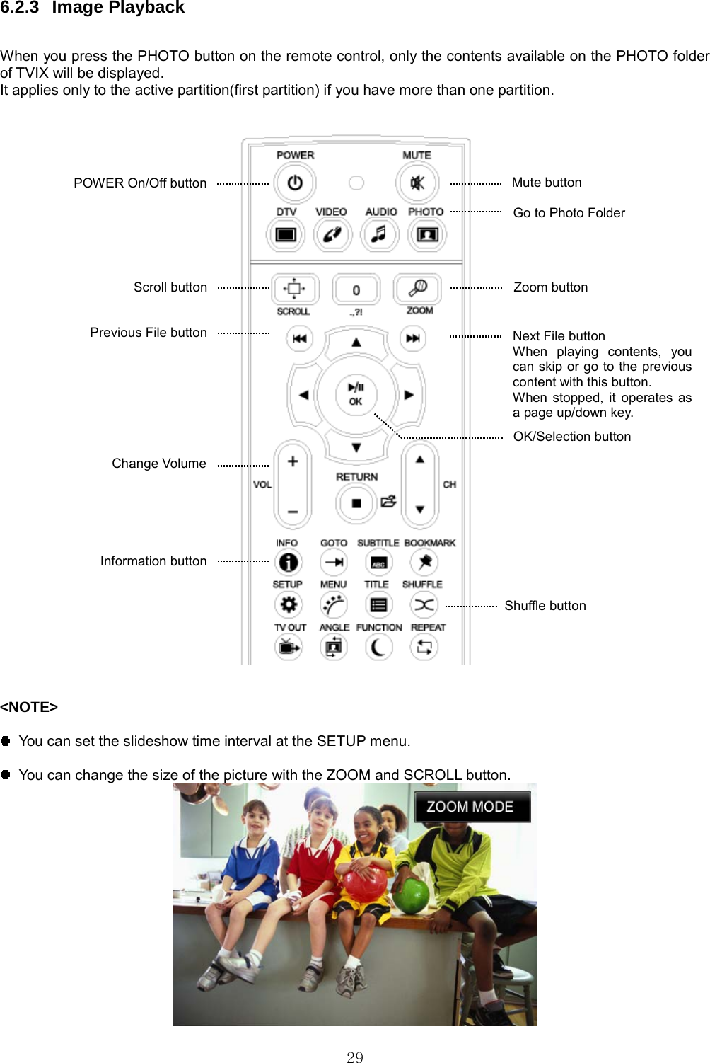  29 6.2.3 Image Playback   When you press the PHOTO button on the remote control, only the contents available on the PHOTO folder of TVIX will be displayed.   It applies only to the active partition(first partition) if you have more than one partition.      &lt;NOTE&gt;    You can set the slideshow time interval at the SETUP menu.    You can change the size of the picture with the ZOOM and SCROLL button.    Scroll button Change Volume Mute button Information button  Zoom button Go to Photo Folder Next File button When playing contents, you can skip or go to the previous content with this button.   When stopped, it operates as a page up/down key. Previous File button OK/Selection button POWER On/Off button Shuffle button 